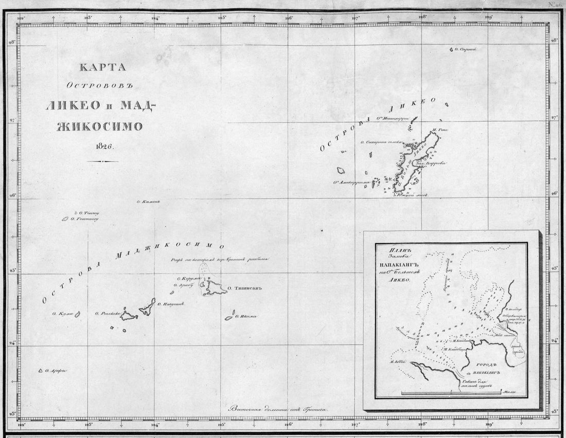 This old map of Karta Ostrovov Likeo I Madzhikosimo. from 1826. (Карта островов Ликео и Маджикосимо. from 1826.) was created by Ivan Fedorovich Kruzenshtern in 1826