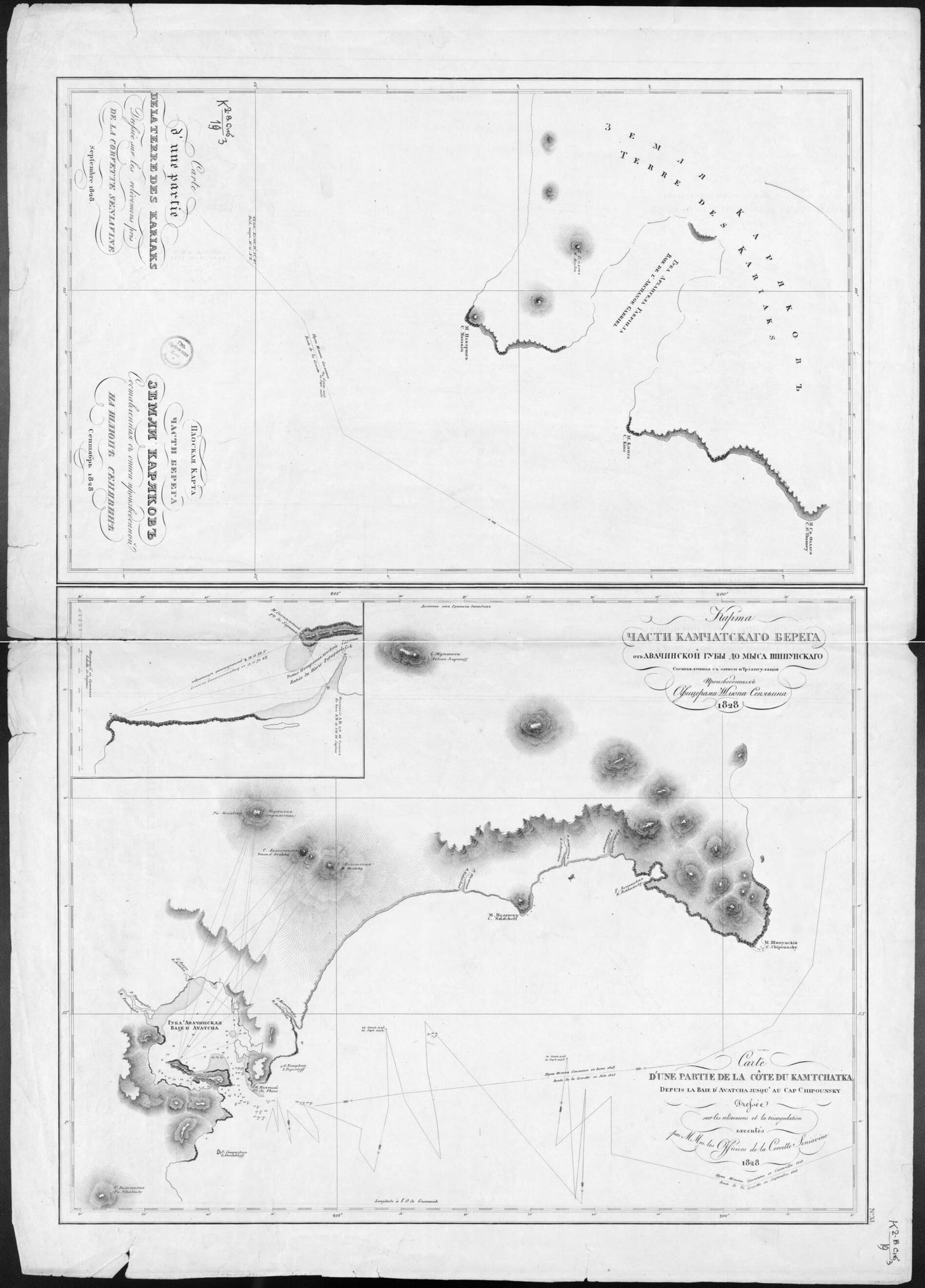 This old map of Ploskai︠a︡ Karta Chasti Berega Zemli Kari︠a︡kov. Sost. S Opisi Proizvedennoĭ Na Shli︠u︡pe Sini︠a︡vin. 1828. (Плоская карта части берега Земли Каряков. Сост. с описи произ�