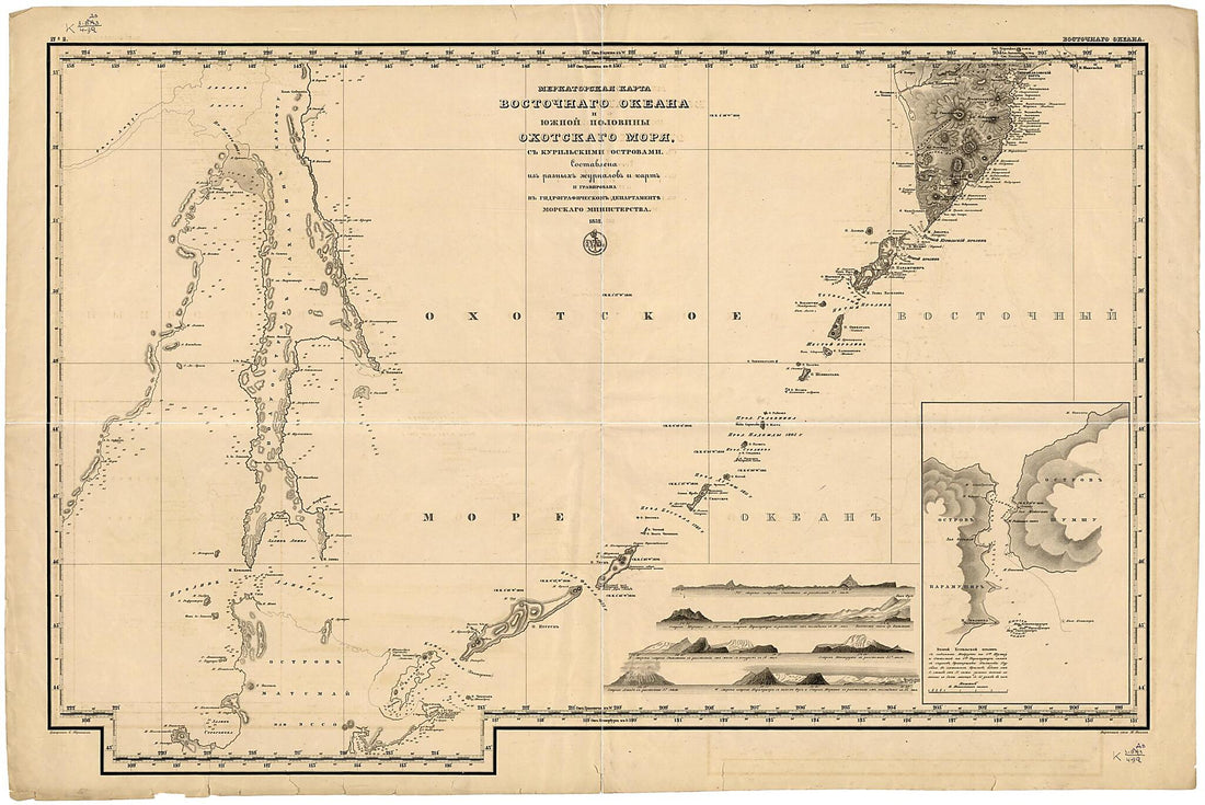 This old map of Merkatorskai︠a︡ Karta Vostochnogo Okeana I I︠u︡zhnoĭ Poloviny Okhotskogo Mori︠a︡ S Kuril&