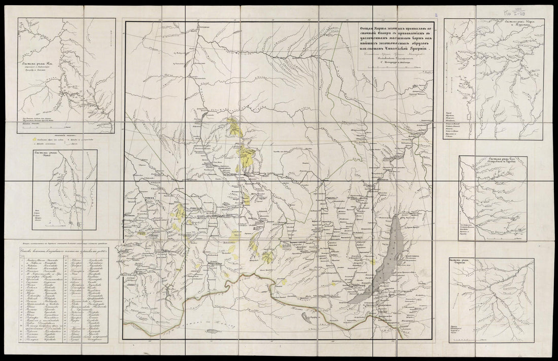 This old map of Obshchai︠a︡ Karta Zolotykh Promyslov Vostochnoĭ Sibiri a Pribavleniem V Uvelichennom Masshtabe Kart Vazhneĭshikh Zolotonosnykh Okrugov Ili Sistem Eniseĭskoĭ Gubernii. (Общая карта золотых промыслов вос