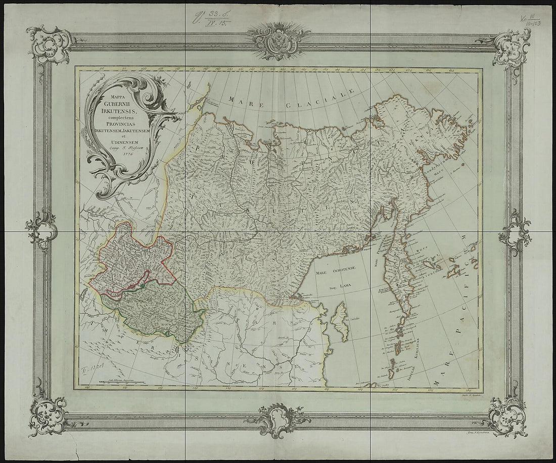 This old map of Mappa Gubernii Irkutensis Complectens Provincias Irkutensem, Jakutensem, Et Udinensem. Comp. I. Tresscott from 1776 was created by E. Khudianov, I. Kuvakin, Johann Treskot in 1776