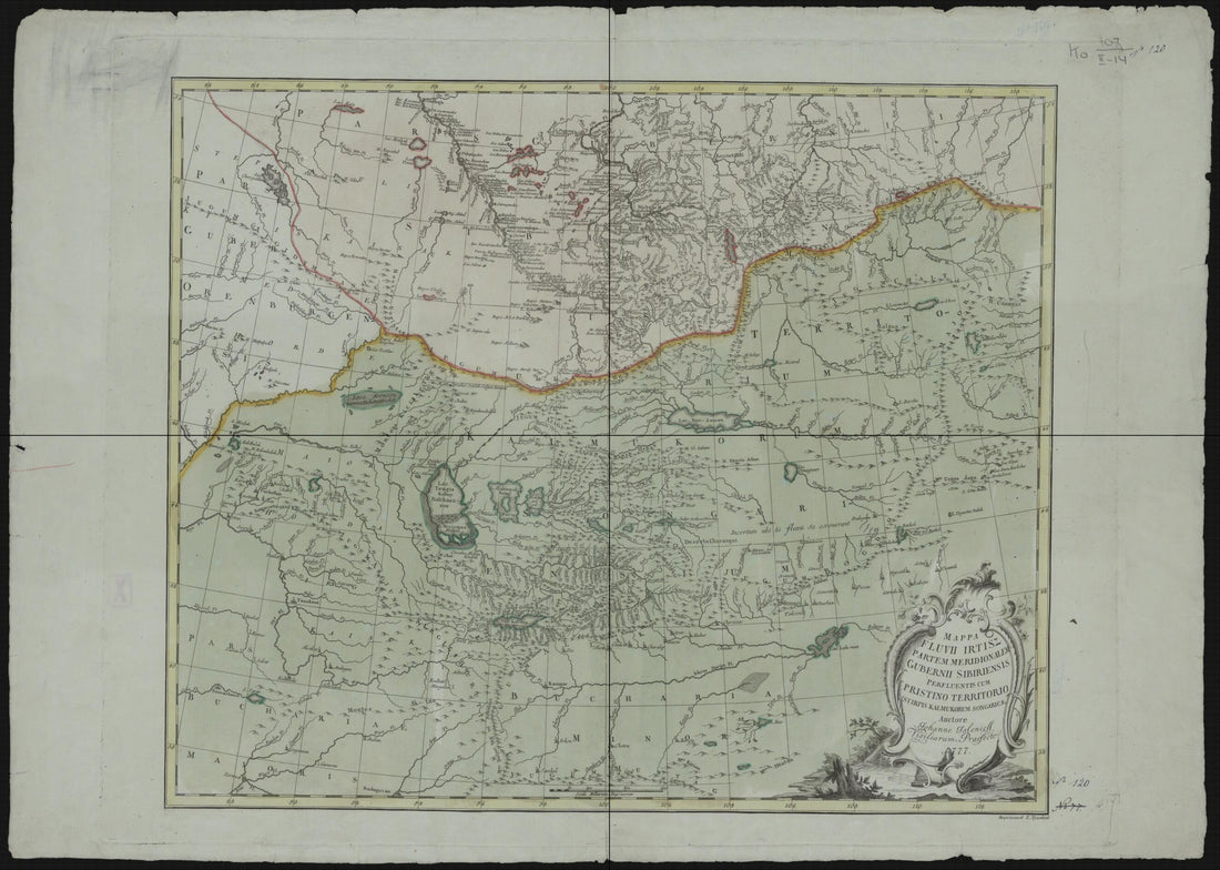 This old map of Mappa Fluvii Irtisz Partem Meridional Gubernii Sibiriensis Perfluentis Cum Pristino Territorio Stipris Kalmukorum Songaricae. Auctore Iohanne Islenieff Vigiliarum Praefecto from 1777 was created by  in 1777