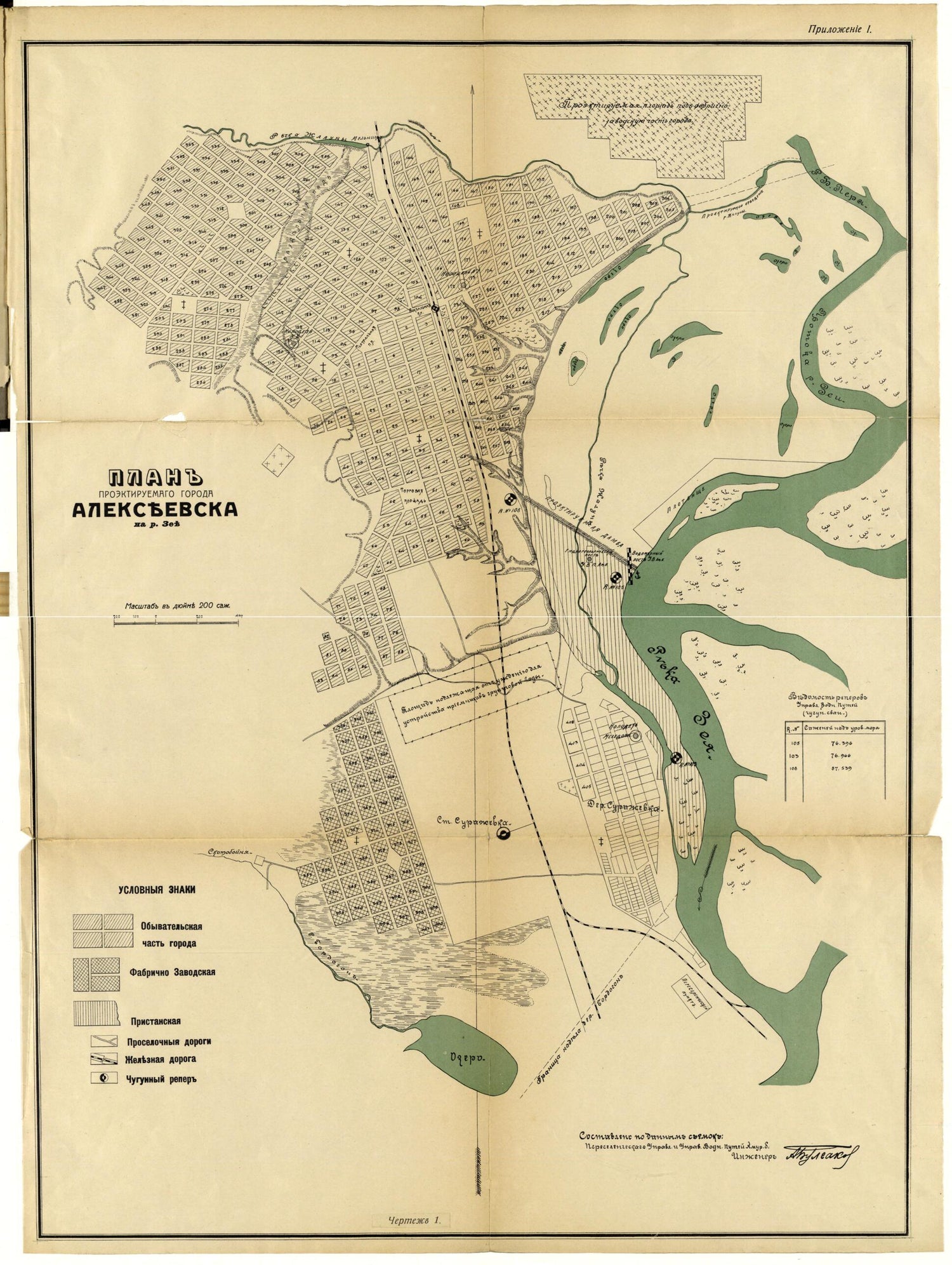 This old map of Plan Proėktiruemago Goroda Alekseevska Na R.Zee. (План проэктируемаго города Алексеевска на р.Зее.) from 1912 was created by A. I. Bulgakov in 1912