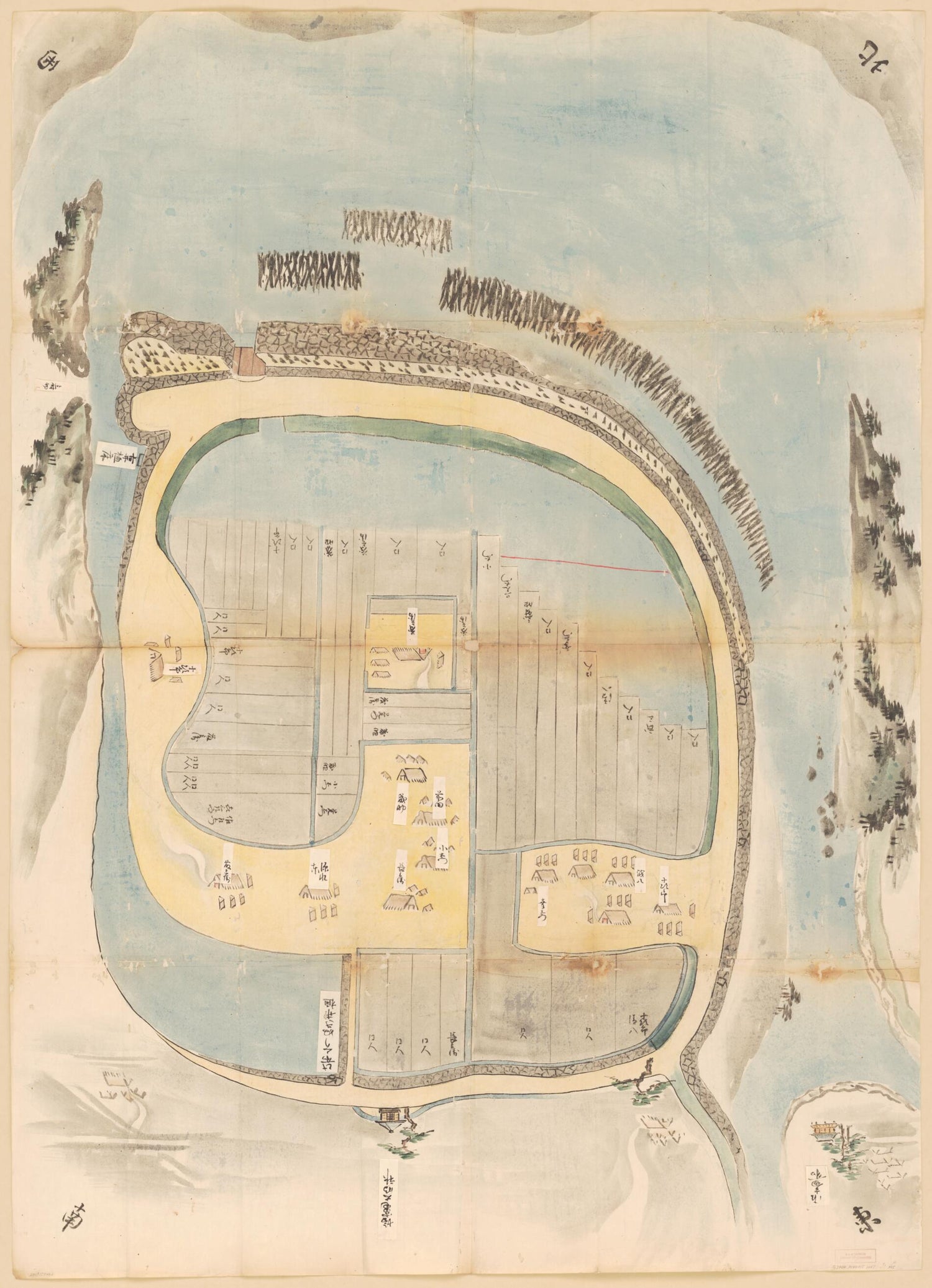 This old map of Minamata Tenaga Mategata Shin Shiohama, Tomode Hidariya Ishigaki Rangui Deki Ezu (水俣手永馬刀潟新塩浜, 塘手左屋石垣乱杭出来繪圖) from 1667 was created by  in 1667