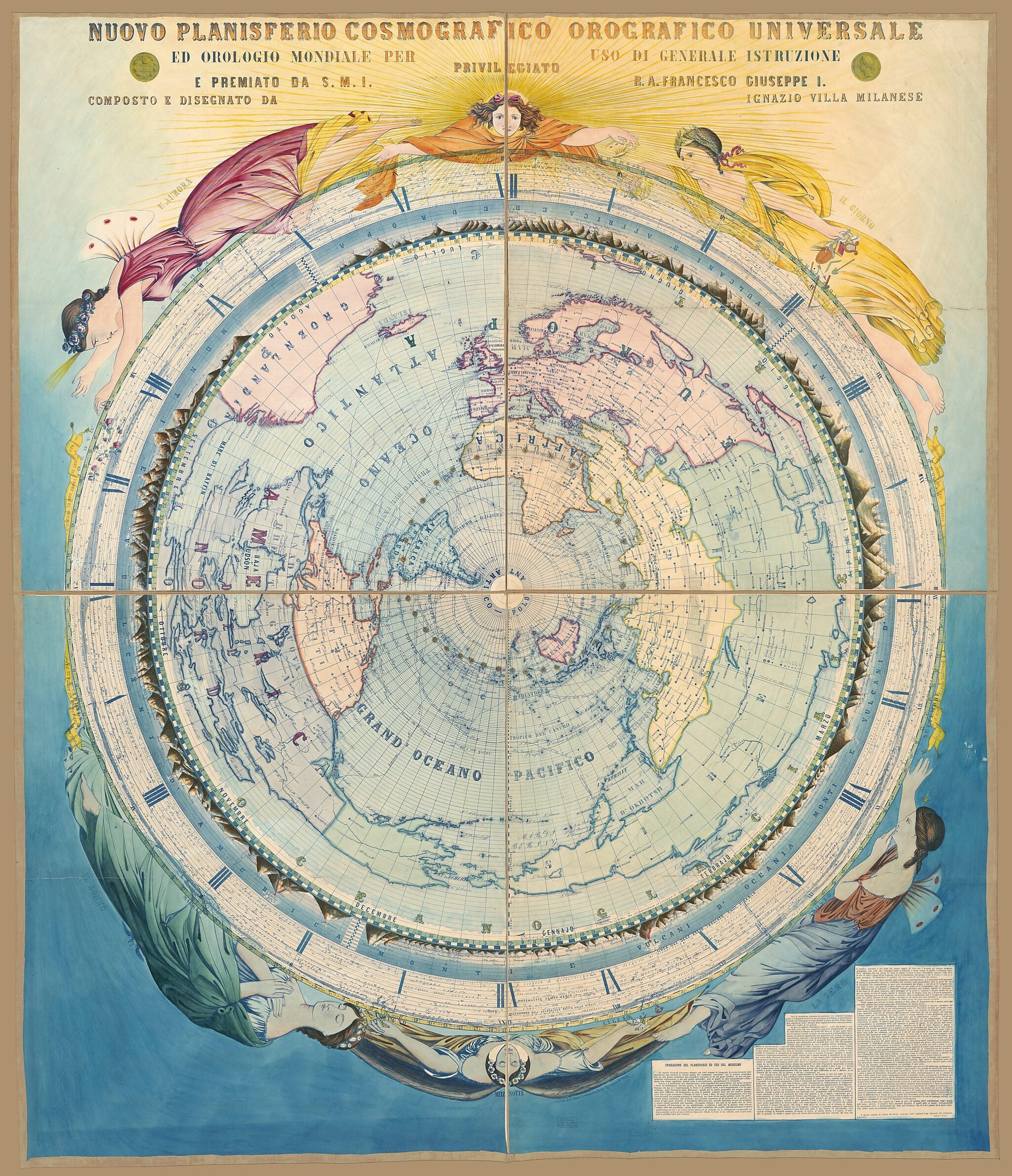 This old map of Nuovo Planisferio Cosmografico Orografico Universale Ed Orologico Mondiale Per Uso Di Generale Istruzione from 1858 was created by Ignazio Villa in 1858