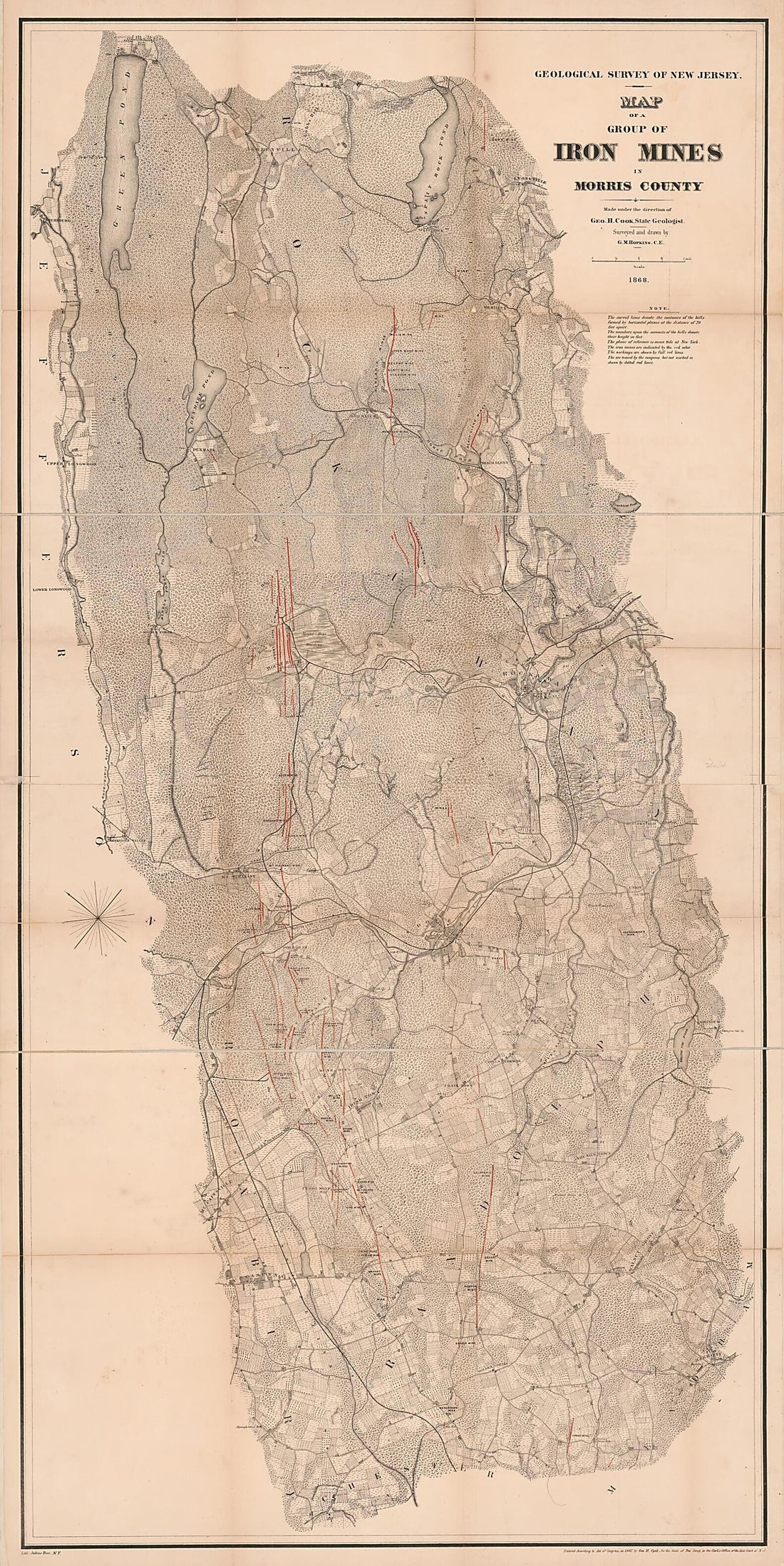 This old map of Map of a Group of Iron Mines In Morris County from 1868 was created by George Hammell Cook,  Geological Survey of New Jersey, Griffith Morgan Hopkins,  New Jersey. State Geologist in 1868