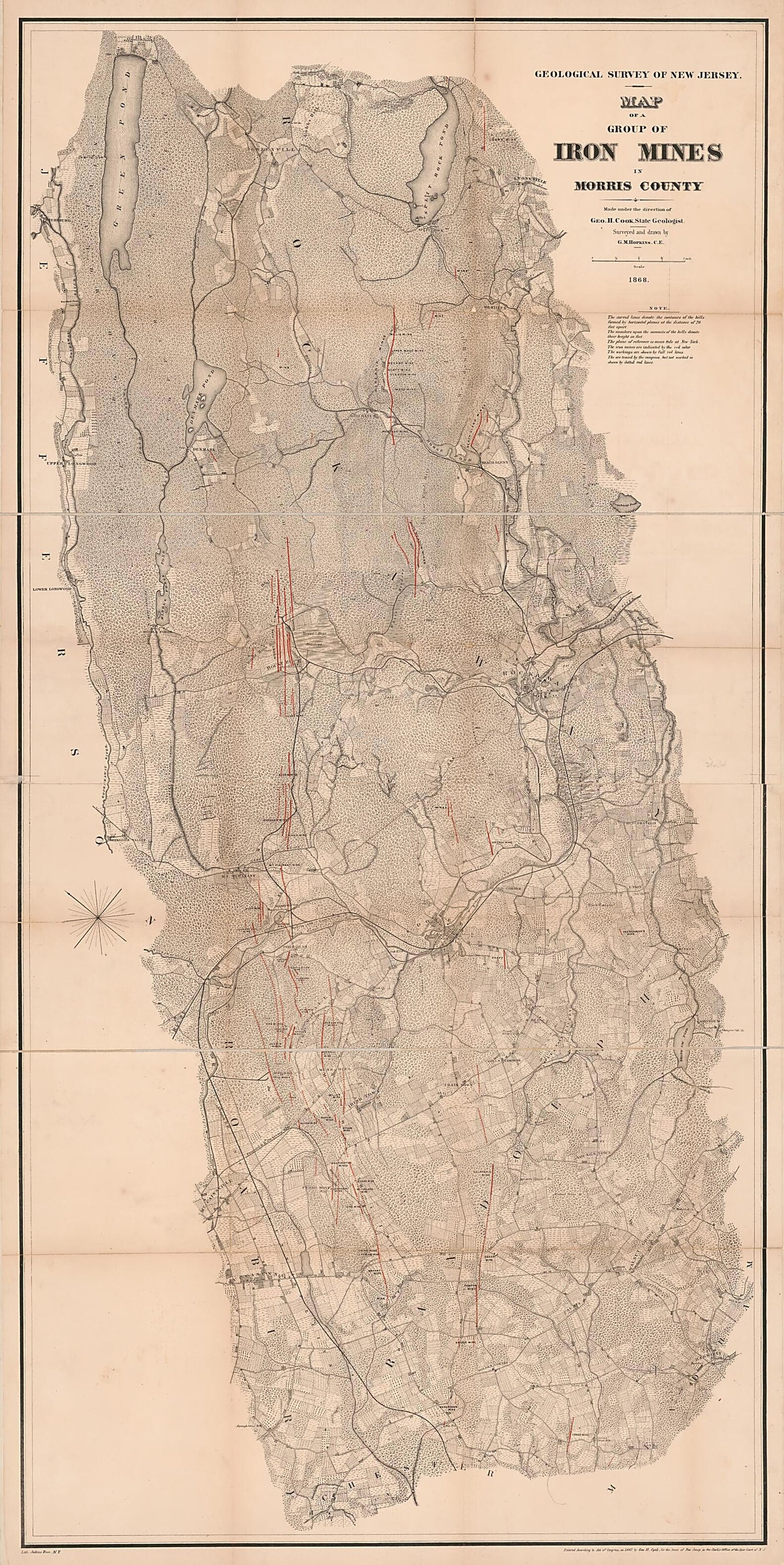 This old map of Map of a Group of Iron Mines In Morris County from 1868 was created by George Hammell Cook,  Geological Survey of New Jersey, Griffith Morgan Hopkins,  New Jersey. State Geologist in 1868