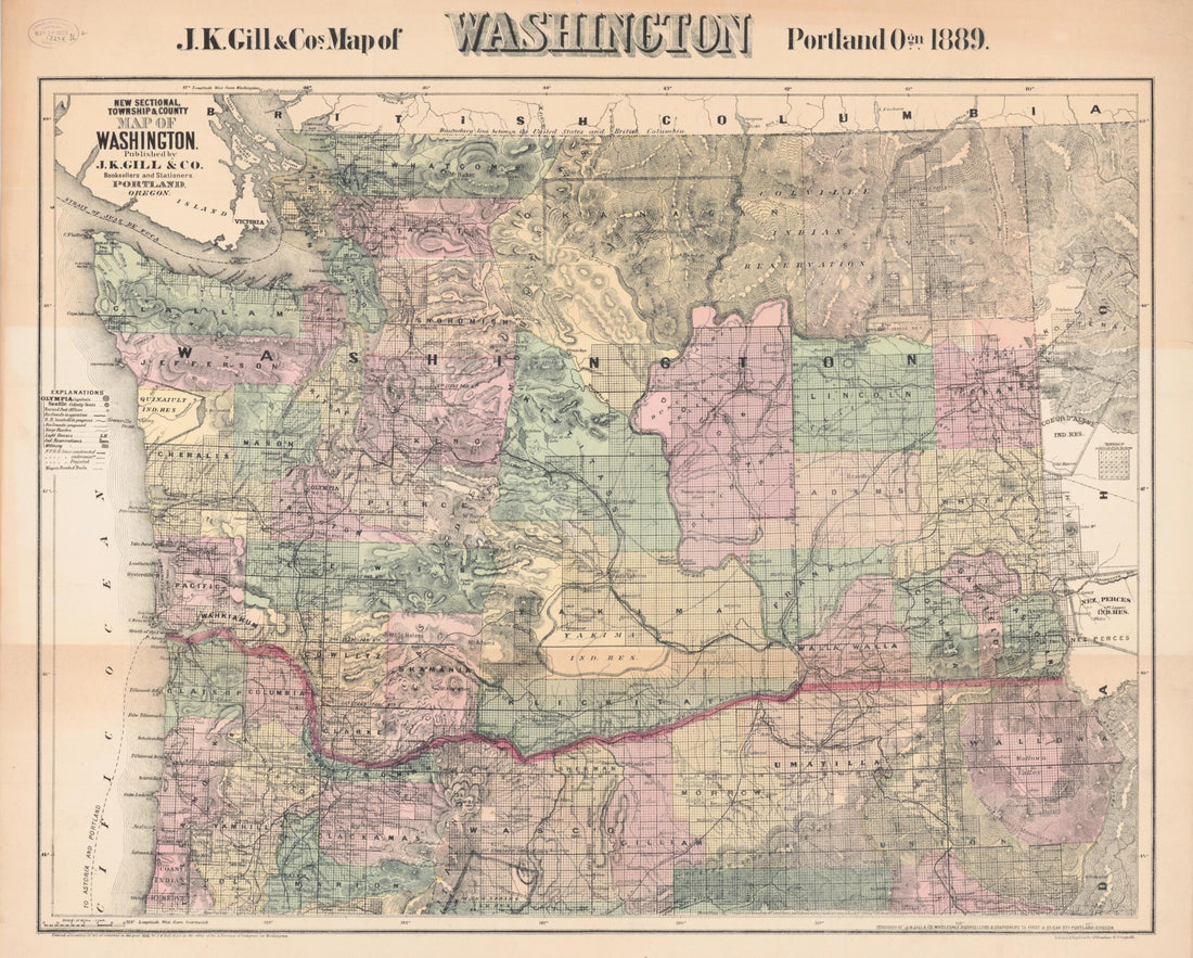 This old map of New Sectional, Township & County Map of Washington (New Sectional, Township and County Map of Washington, J.K. Gill & Cos. Map of Washington) from 1889 was created by W. H. (William Henry) Galvani,  J.K. Gill & Co in 1889