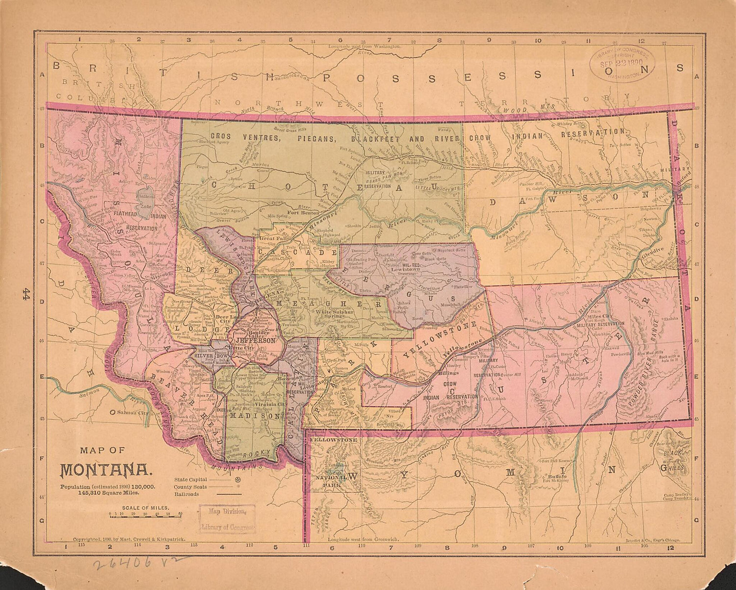 This old map of Map of Montana : Population (estimated from 1890) 130,000. 145,310 Square Miles was created by Ill.) Benedict &amp; Co. (Chicago, Crowell &amp; Kirkpatrick Mast in 1890