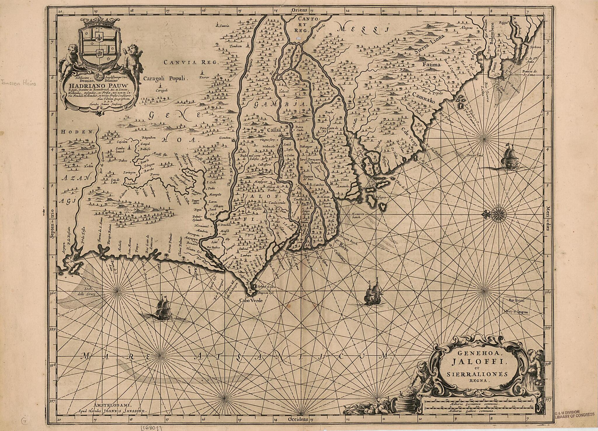 This old map of Genehoa, Jaloffi, Et Sierraliones Regna from 1674 was created by  Janssonius Heirs (Firm) in 1674