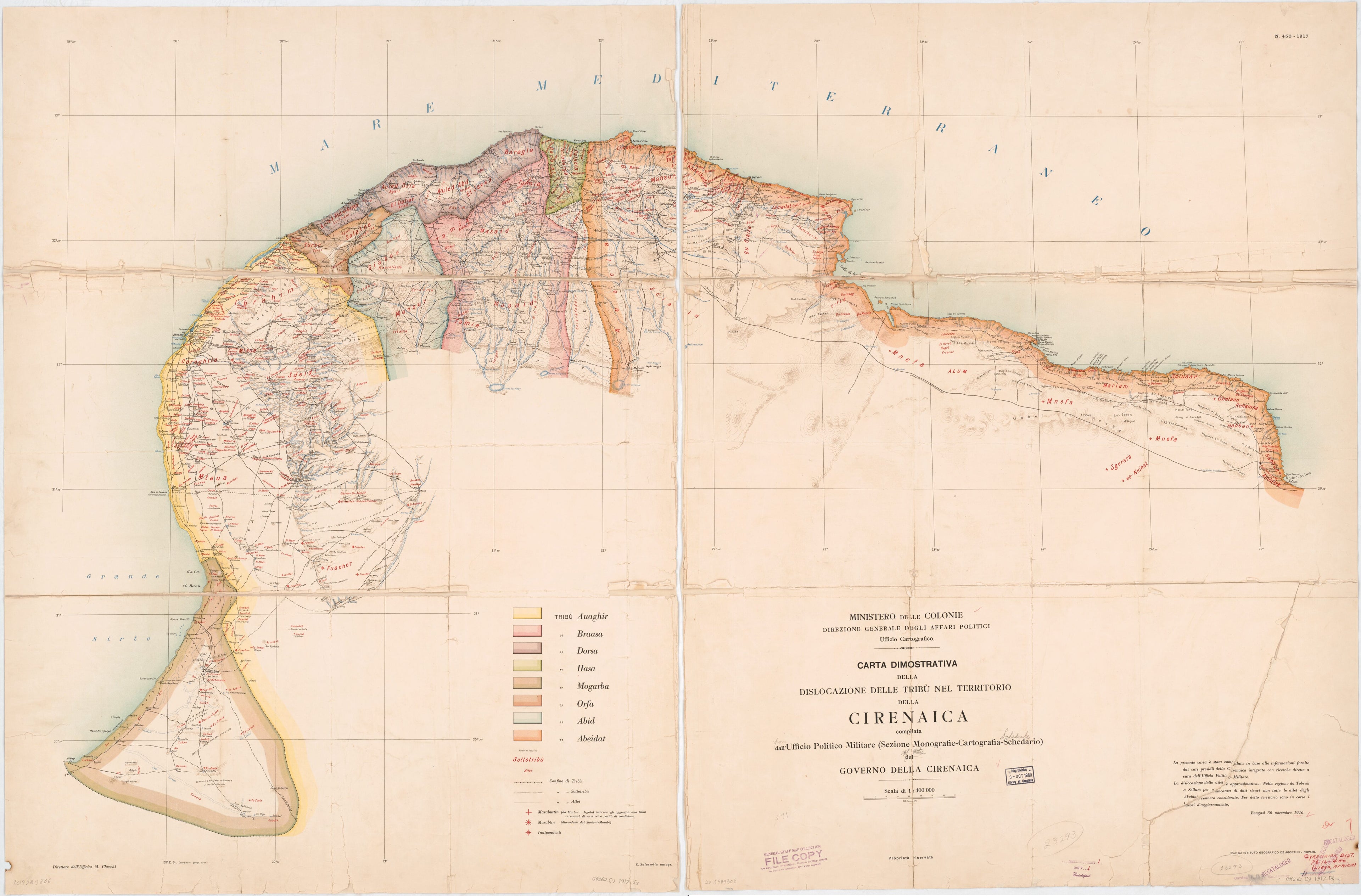 This old map of Carta Dimostrativa Della Dislocazione Delle Tribù Nel Territorio Della Cirenaica from 1917 was created by M. Checchi,  Istituto Geografico De Agostini,  Italy. Ministero Delle Colonie. Servizio Cartografico in 1917