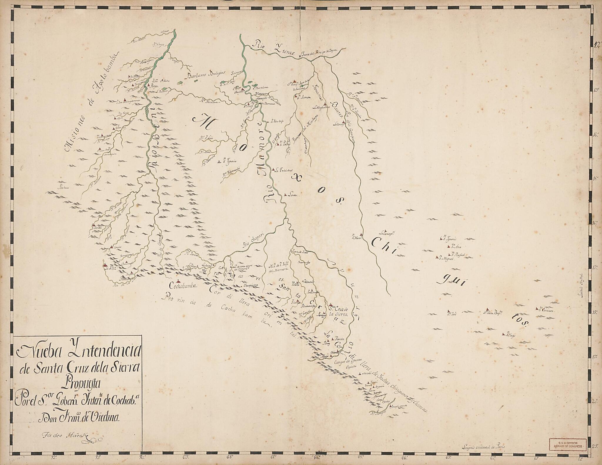 This old map of Nueva Intendencia De Santa Cruz De La Sierra (Nueva Intendencia De Santa Cruz De La Sierra / Propuesta El Sen Or Gobernadorintendete De Cochabamba Don Francisco De Viedma ; Tadeo Haënke) from 1796 was created by Tadeá Haenke in 1796