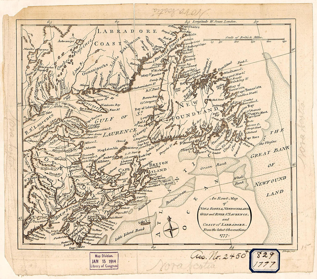 This old map of An Exact Map of Nova Scotia, Newfoundland, Gulf and River St. Laurence, and Coast of Labradore : from the Latest Observations from 1777 was created by John Lodge in 1777