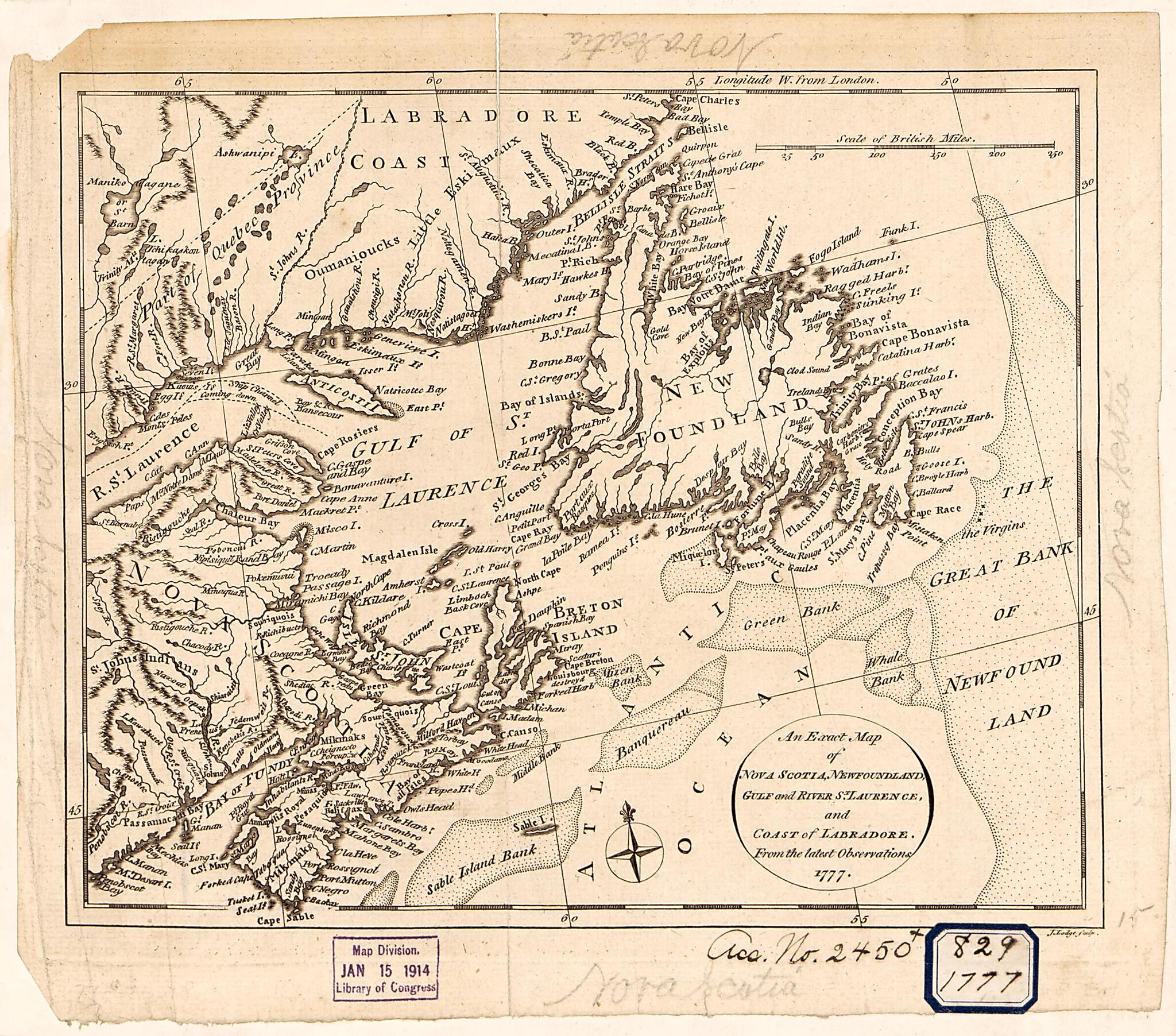 This old map of An Exact Map of Nova Scotia, Newfoundland, Gulf and River St. Laurence, and Coast of Labradore : from the Latest Observations from 1777 was created by John Lodge in 1777