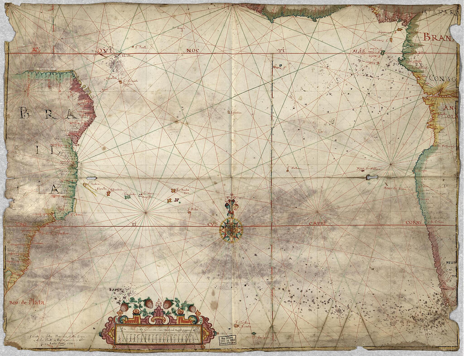This old map of Chart of the South Atlantic Ocean With the Coasts of Brazil and West Africa from 1681 was created by John Thornton in 1681