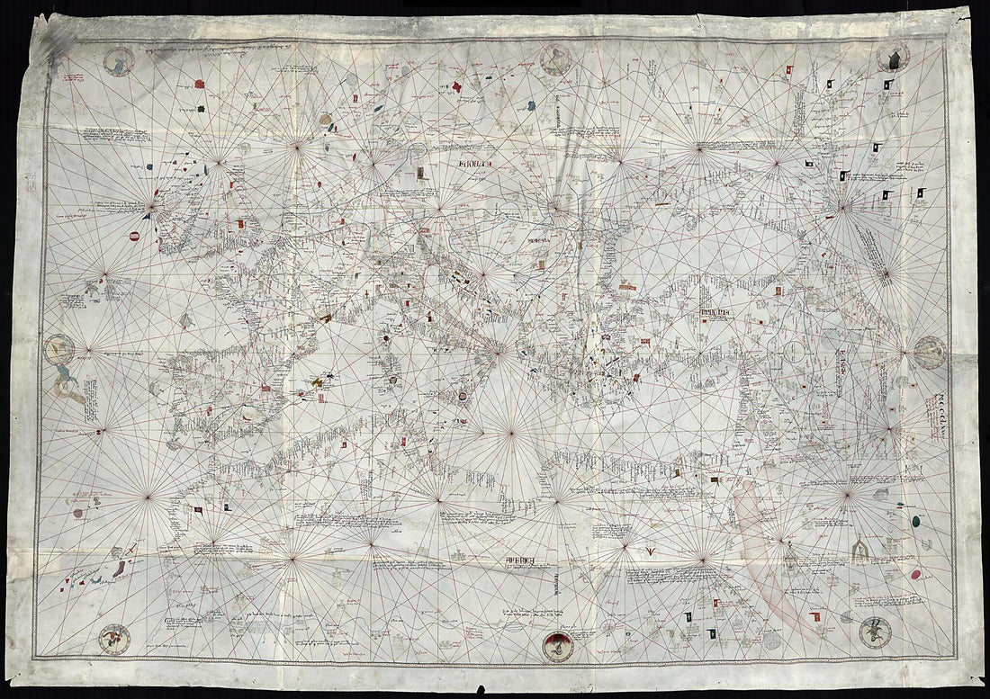 This old map of Manuscript Copy of from 1367 Manuscript Chart of the Mediterranean, With the Black and Caspian Seas, and the Coasts of Northwest Africa and Western Europe was created by Francesco Pizigano, Agostinho Sardi in 1367