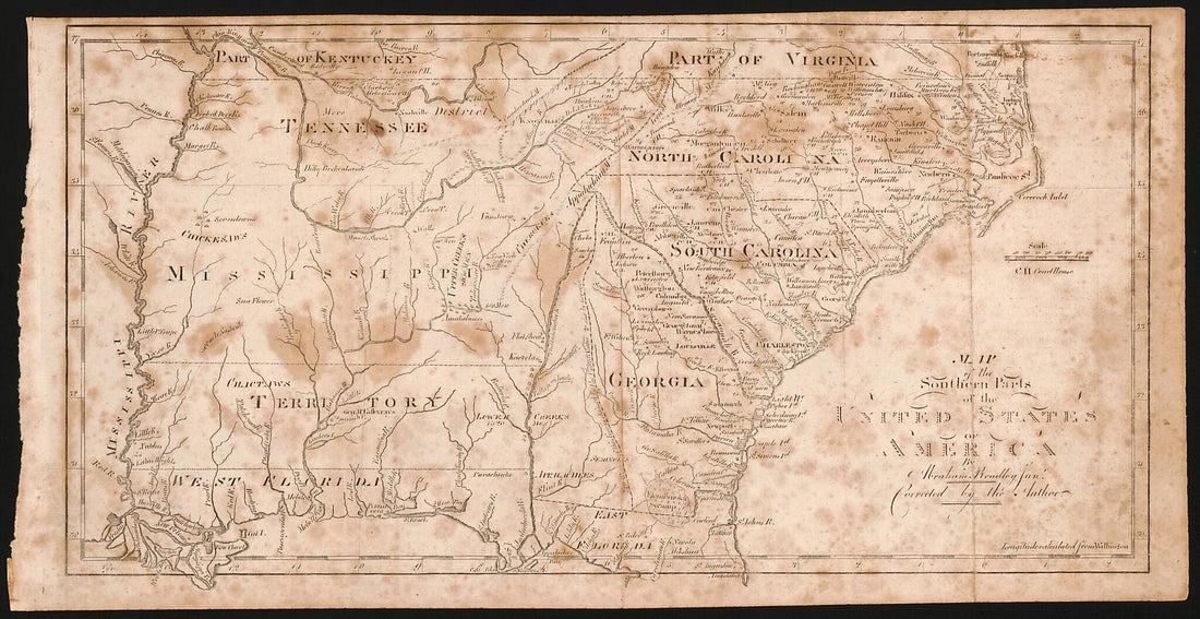 This old map of Map of the Southern Parts of the United States of America (Southern Parts of the United States of America, United States of America) from 1797 was created by Abraham Bradley in 1797