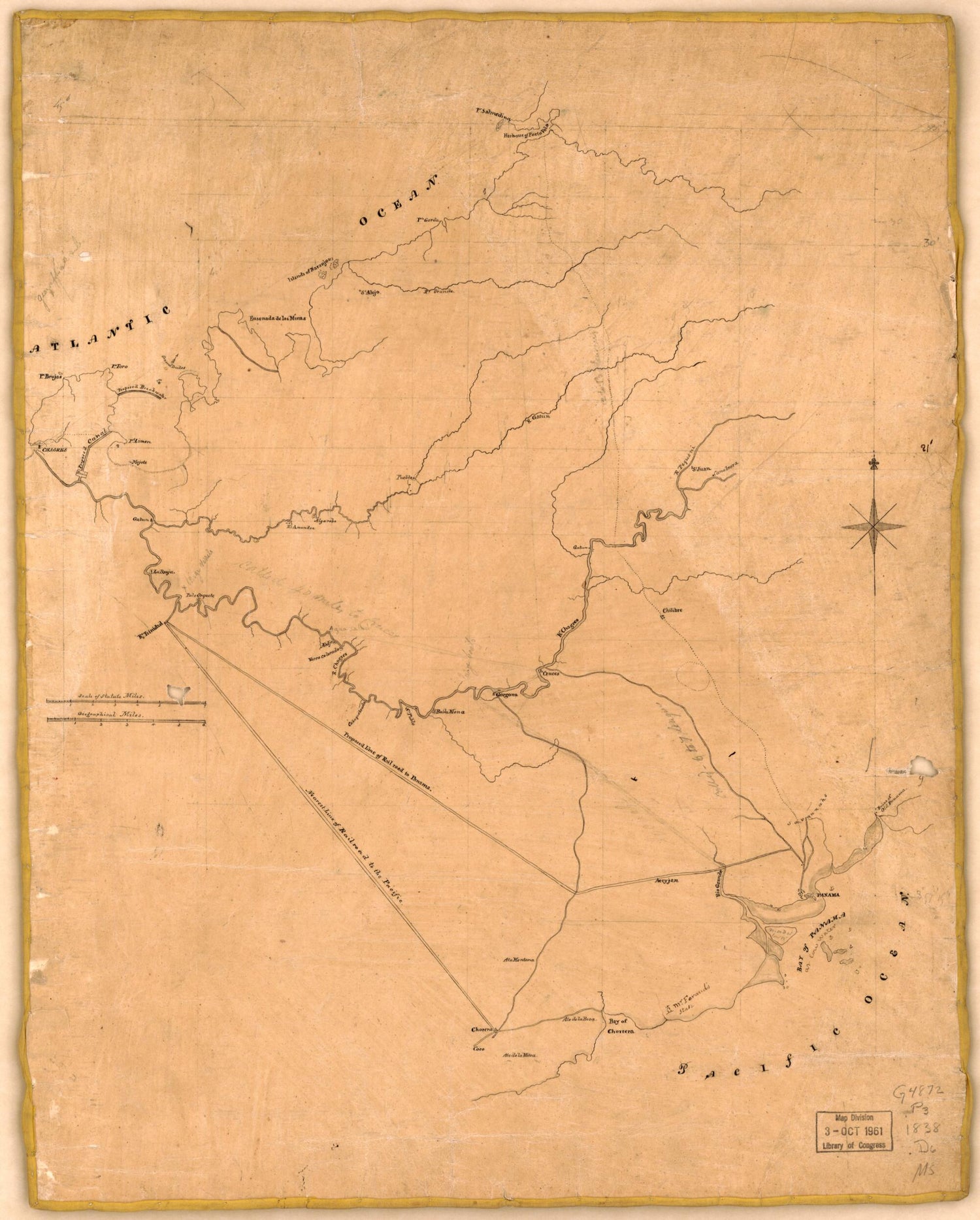 This old map of 16 (Map of Proposed Railroad Line, Panama) from 1838 was created by David Bates Douglass in 1838