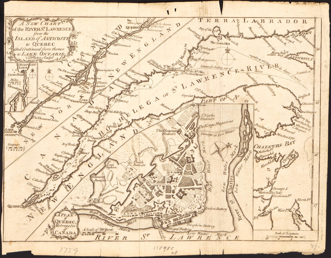 This old map of A New Chart of the River St. Lawrence from the Island of Anticosti to Quebec and Continued from Thence to Lake Ontario from 1759 was created by Thomas Phin, Limited Scots Magazine in 1759