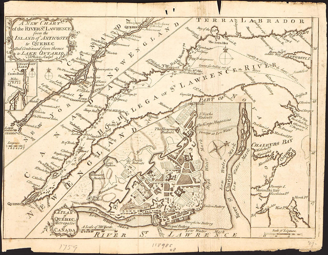 This old map of A New Chart of the River St. Lawrence from the Island of Anticosti to Quebec and Continued from Thence to Lake Ontario from 1759 was created by Thomas Phin, Limited Scots Magazine in 1759