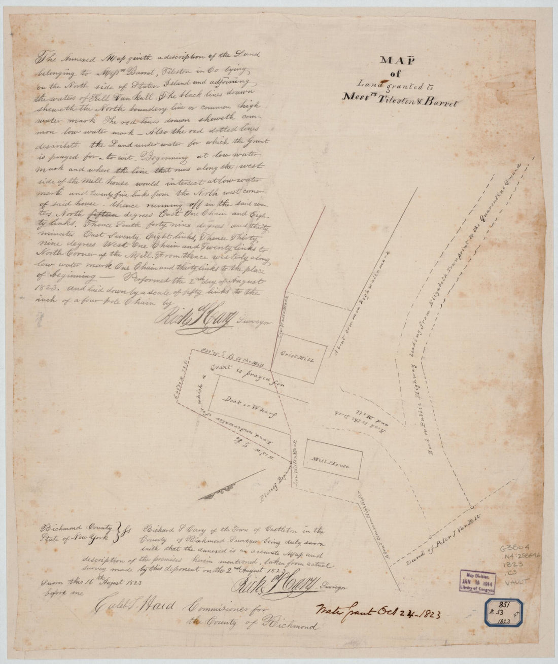 This old map of Map of Land Granted to Messrs Tileston &amp; Barrel : Staten Island, New York from 1823 was created by Richard S. Cary,  U.S. Coast and Geodetic Survey in 1823