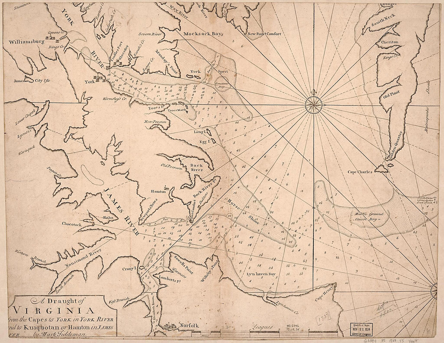 This old map of A Draught of Virginia from the Capes to York In York River and to Kuiquotan Or Hamton In James River from 1737 was created by Mark Tiddeman,  W. Mount and T. Page in 1737