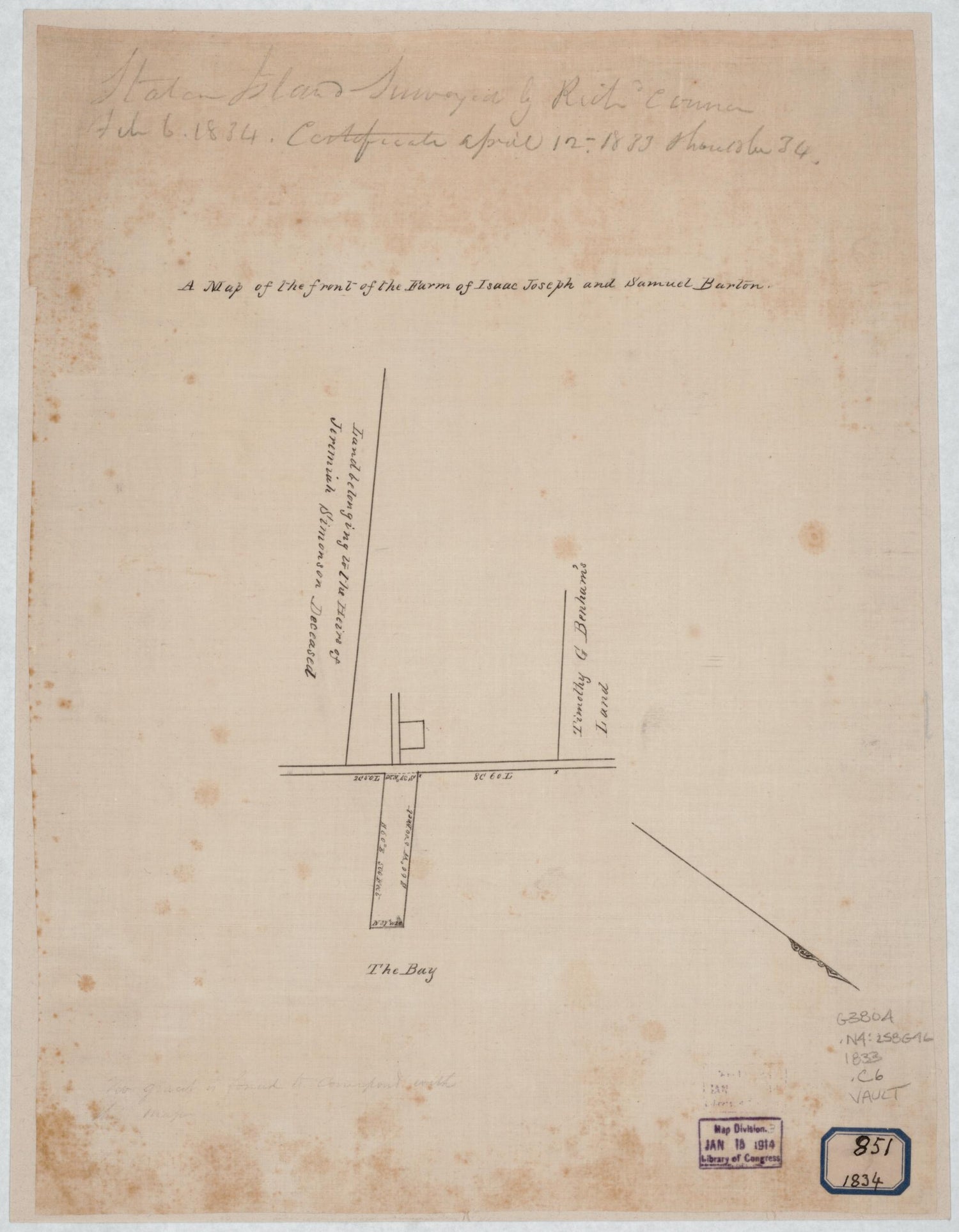 This old map of A Map of the Front of the Farm of Isaac Joseph and Samuel Burton : Staten Island from 1860 was created by Richard Conner,  U.S. Coast and Geodetic Survey in 1860