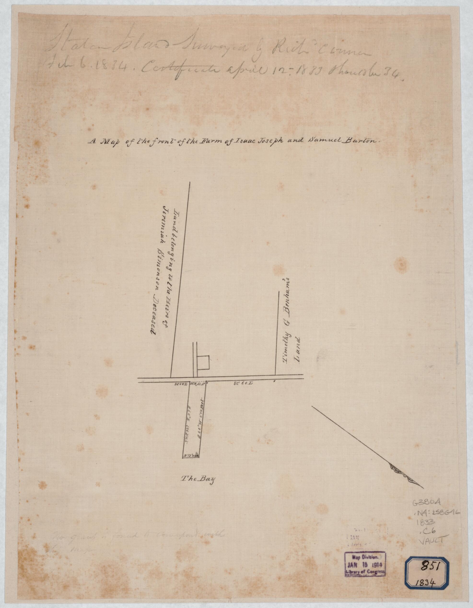 This old map of A Map of the Front of the Farm of Isaac Joseph and Samuel Burton : Staten Island from 1860 was created by Richard Conner,  U.S. Coast and Geodetic Survey in 1860