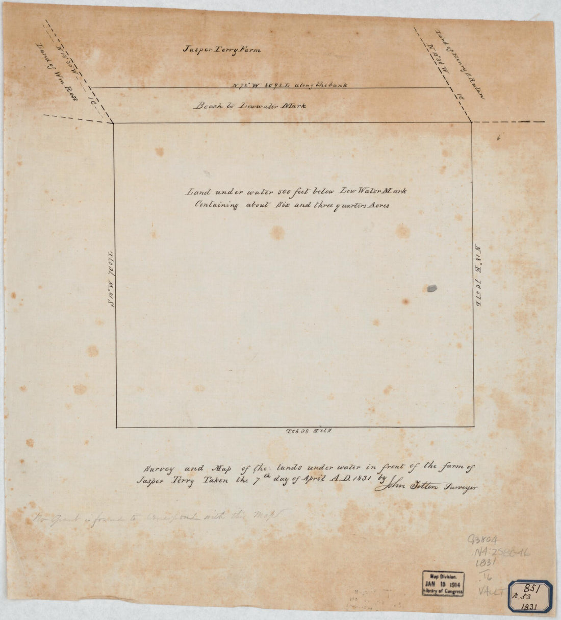 This old map of Survey and Map of the Lands Under Water In Front of the Farm of Jasper Terry : Staten Island, New York from 1831 was created by John Totten,  U.S. Coast and Geodetic Survey in 1831