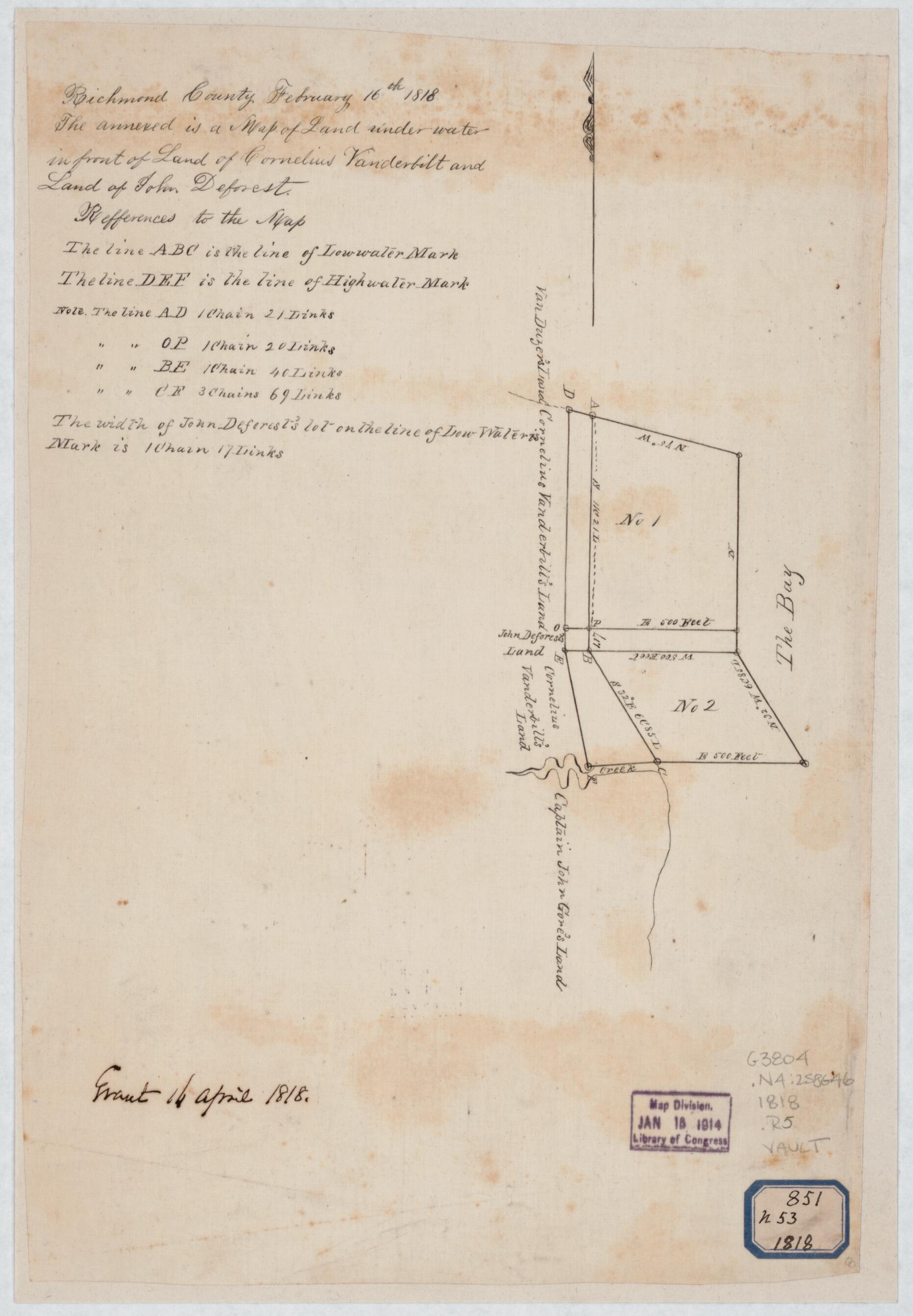 This old map of Richmond County, February 16th from 1818 : the Annexed Is a Map of Land Under Water In Front of Land of Cornelius Vanderbilt and Land of John Deforest was created by  U.S. Coast and Geodetic Survey, Cornelius Vanderbilt in 1818