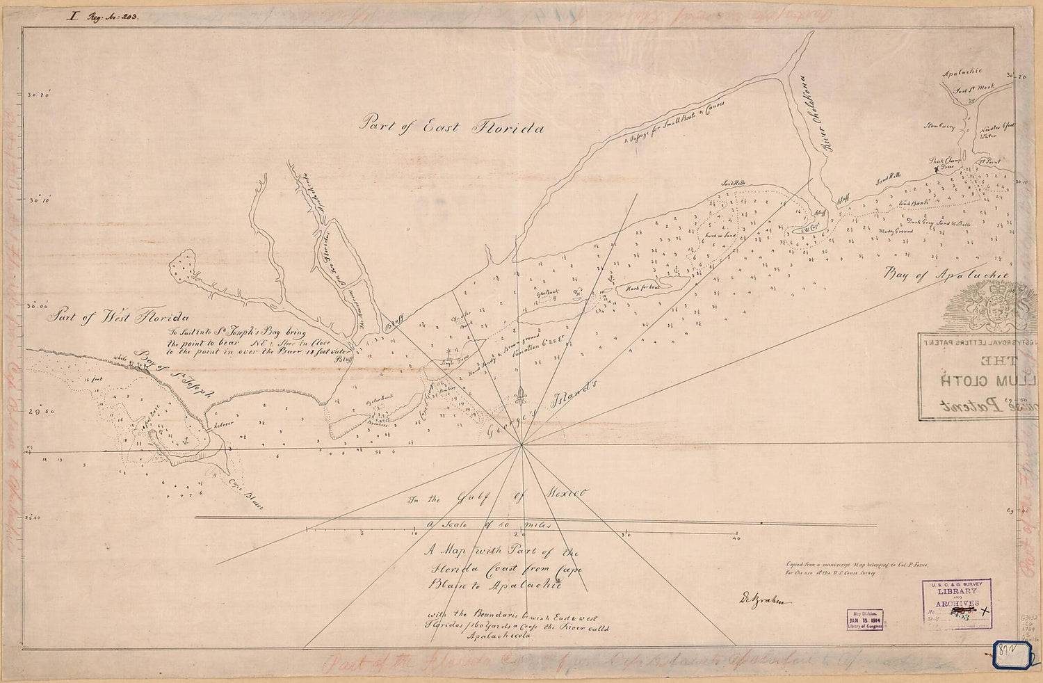 This old map of A Map With Part of the Florida Coast from Cape Blaise to Apalachie : With the Boundaries Bewixh East &amp; West Floridas : 160 Yards Across the River Calld Apalachicola. (Florida Coast from Cape Blaise to Apalachie) from 1769 was created by J