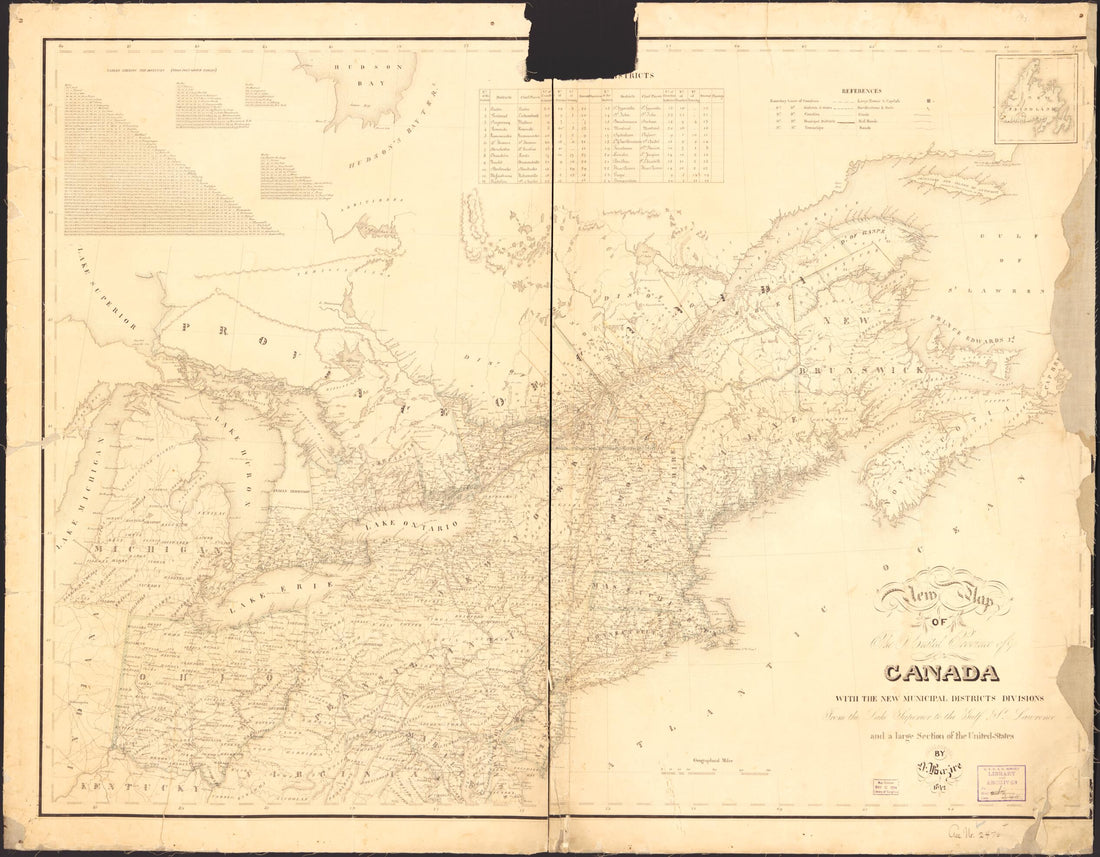 This old map of New Map of the United Provinces of Canada : With the New Municipal Districts Divisions from the Lake Superior to the Gulf of St. Lawrence and a Large Section of the United States from 1842 was created by N. Bazire in 1842