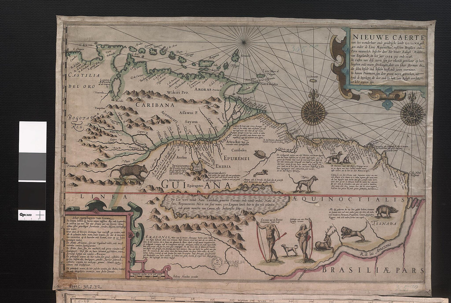 This old map of New Map of the Wonderful, Large and Rich Land of Guiana. (Nieuwe Caerte Van Het Wonderbaer Ende Goudrycke Landt Guiana) from 1598 was created by Jodocus Hondius in 1598