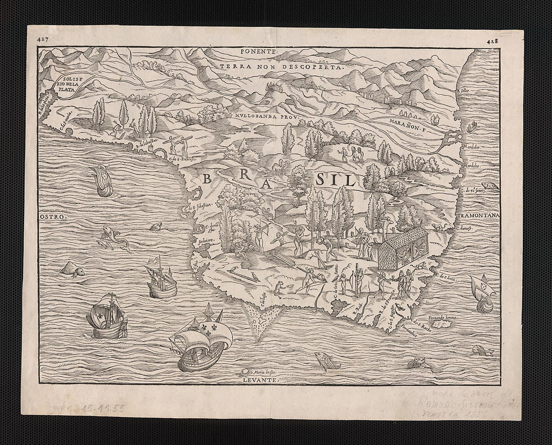 This old map of Brazil. (Brasil) from 1565 was created by Giacomo Gastaldi, Giovanni Battista Ramusio in 1565