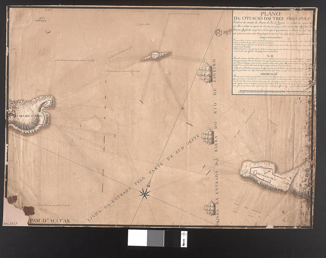 This old map of Map of the Situation of the Three Main Fortresses On the Inlet Entrance of Rio De Janeiro. (Plano Da Cituação Das Tres Principaes Fortalezas Da Entrada Da Barra Do Rio De Janeiro) from 1764 was created by  in 1764