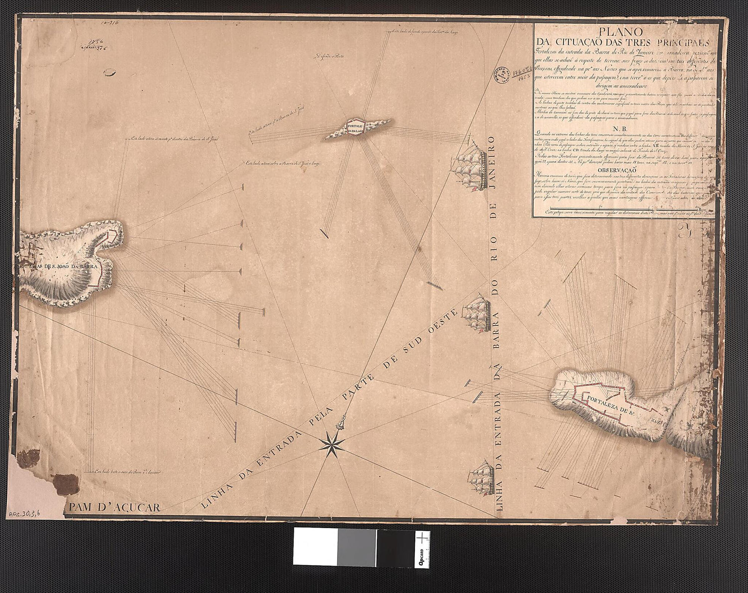 This old map of Map of the Situation of the Three Main Fortresses On the Inlet Entrance of Rio De Janeiro. (Plano Da Cituação Das Tres Principaes Fortalezas Da Entrada Da Barra Do Rio De Janeiro) from 1764 was created by  in 1764