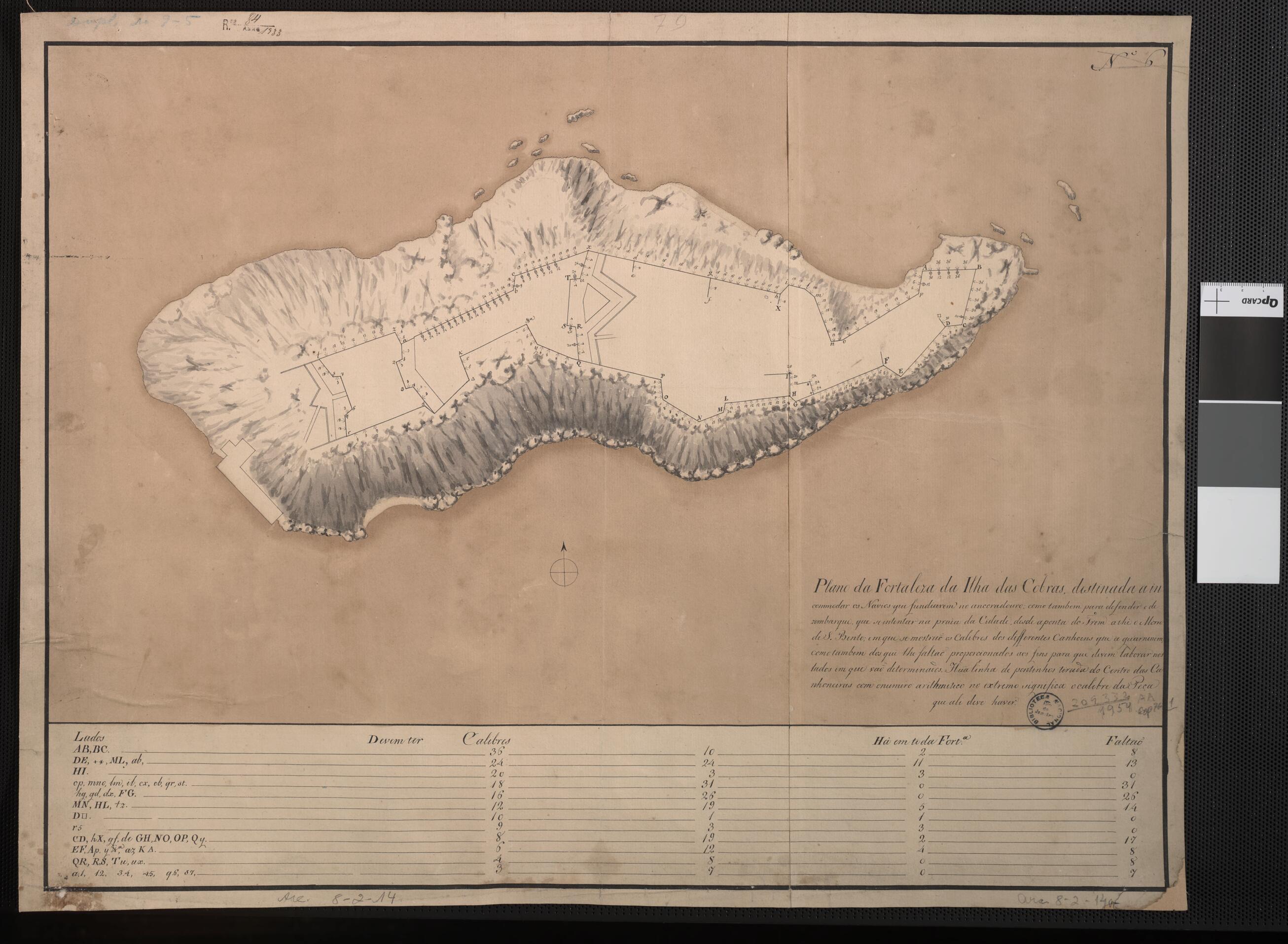 This old map of Map of the Fortress of Cobras Island Built to Harass Ships That Anchor In the Harbor. (Plano Da Fortaleza Da Ilha Das Cobras Destinada a Incomodar Os Navios Que Fundiarem No Ancoradouro) from 1789 was created by José Correia Rangel De Bulhões in 1789