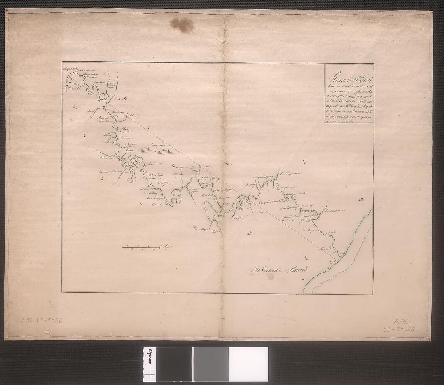 This old map of Plan of the Tietê River Summarized With All Its Turns: Waterfalls Are from Port of the Araritaguaba Up to the Big Paraná River. (Plano Do Rio Tietê Resumido Com Todas As Suas Voltas : De Onde Se Vê Onde Ficam As Caxoeiras E a Distanci