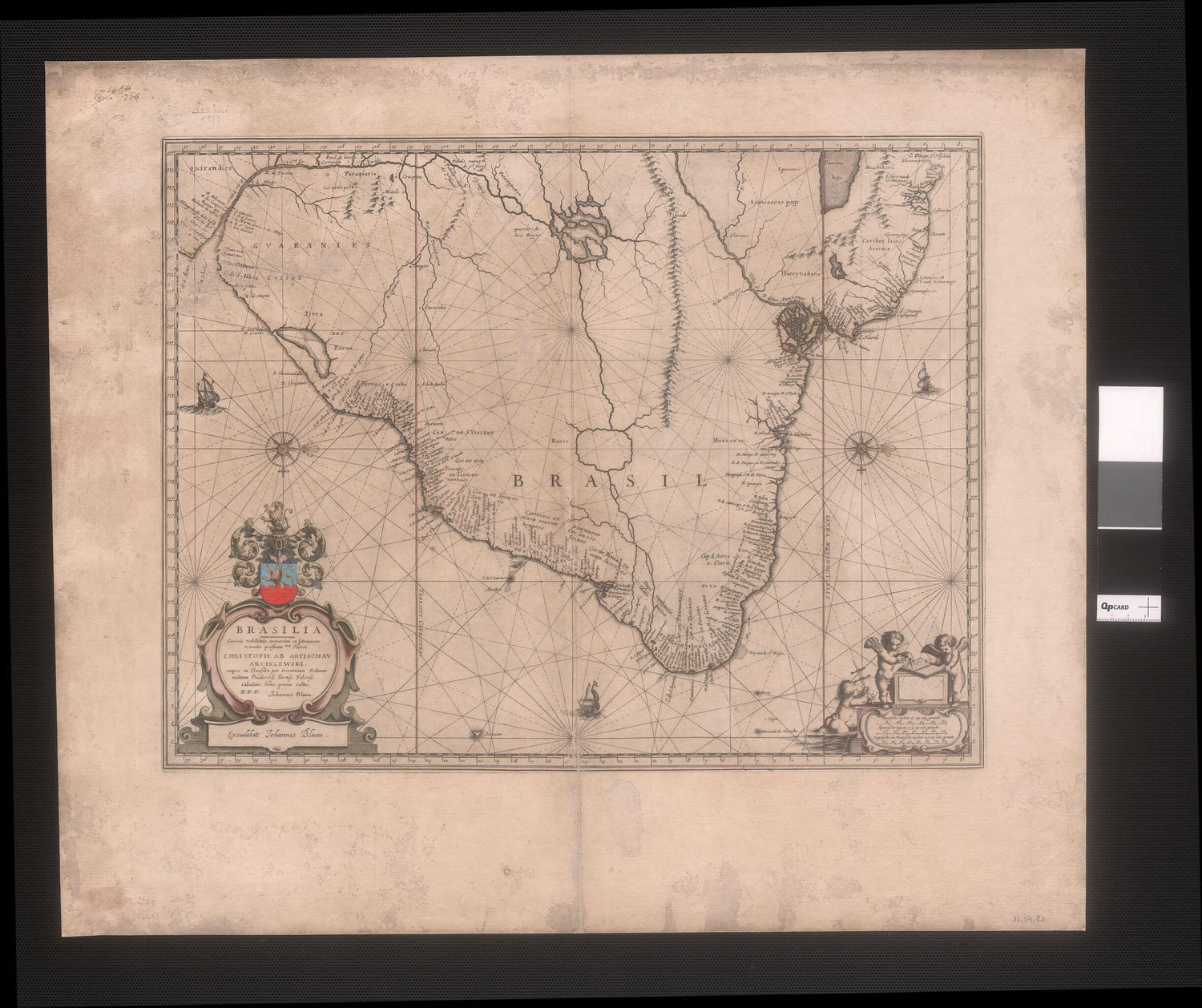 This old map of Brazil: of the Noble Class, of Loves, and of Letters.... (Brasilia: Front Generis Nobilitate Armerum Et Litterarum) from 1640 was created by Joan Blaeu in 1640