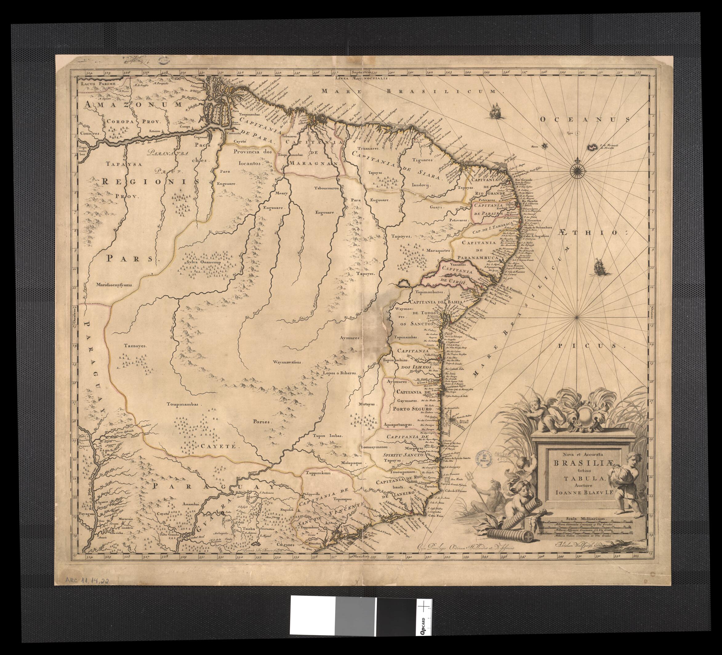 This old map of New and Accurate Picture of All Brazil / Johann Blaev I.F.. (Nova Et Accurata Brasiliae Totius Tabula / Ioanne Blaev I.F.) from 1680 was created by Joan Blaeu, Abraham Wolfgangk in 1680