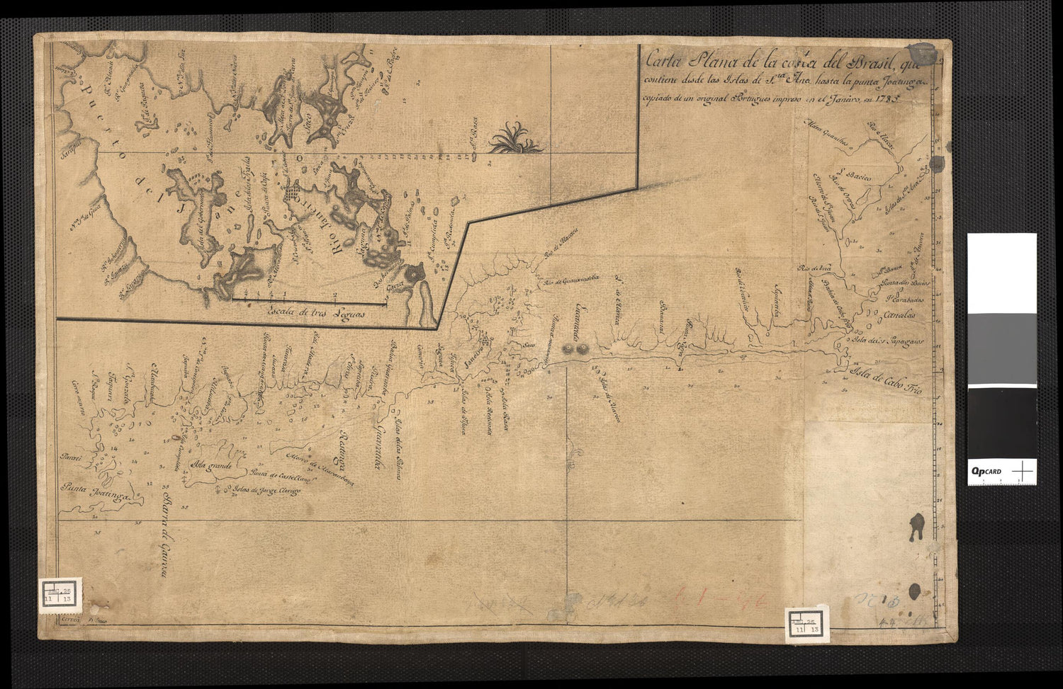 This old map of Map of the Brazilian Coast, Which Goes from Santa Ana Island to the Joatinga, Copied from a Portuguese Map and Printed On January, 1785. (Carta Plana De La Costa Del Brasil, Que Contiene Desde Las Islas De Sta. Ana Hasta La Punta Joatinga