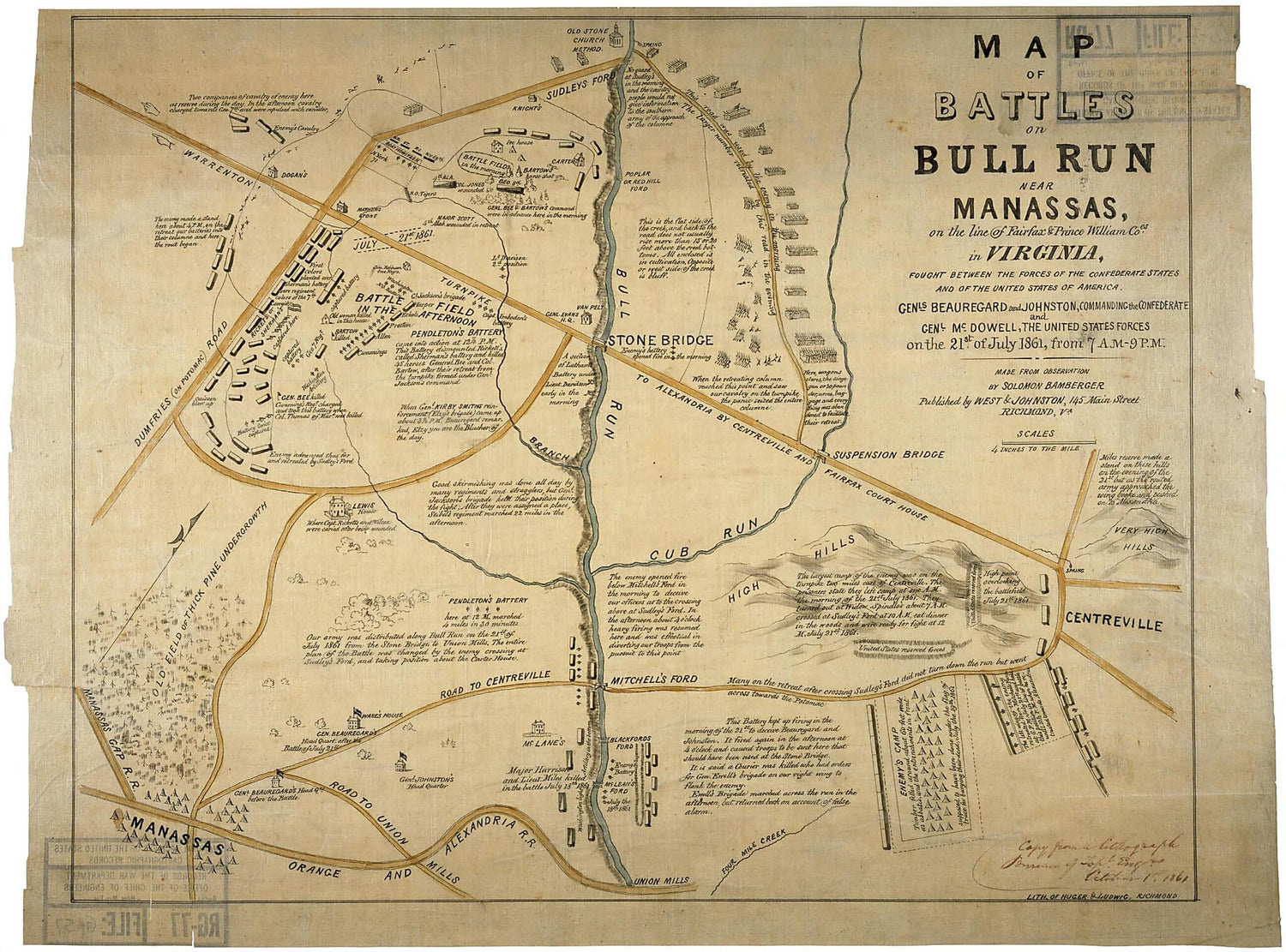 This old map of Map of the Battles of Bull Run Near Manassas from 1861 was created by Solomon Bamberger in 1861