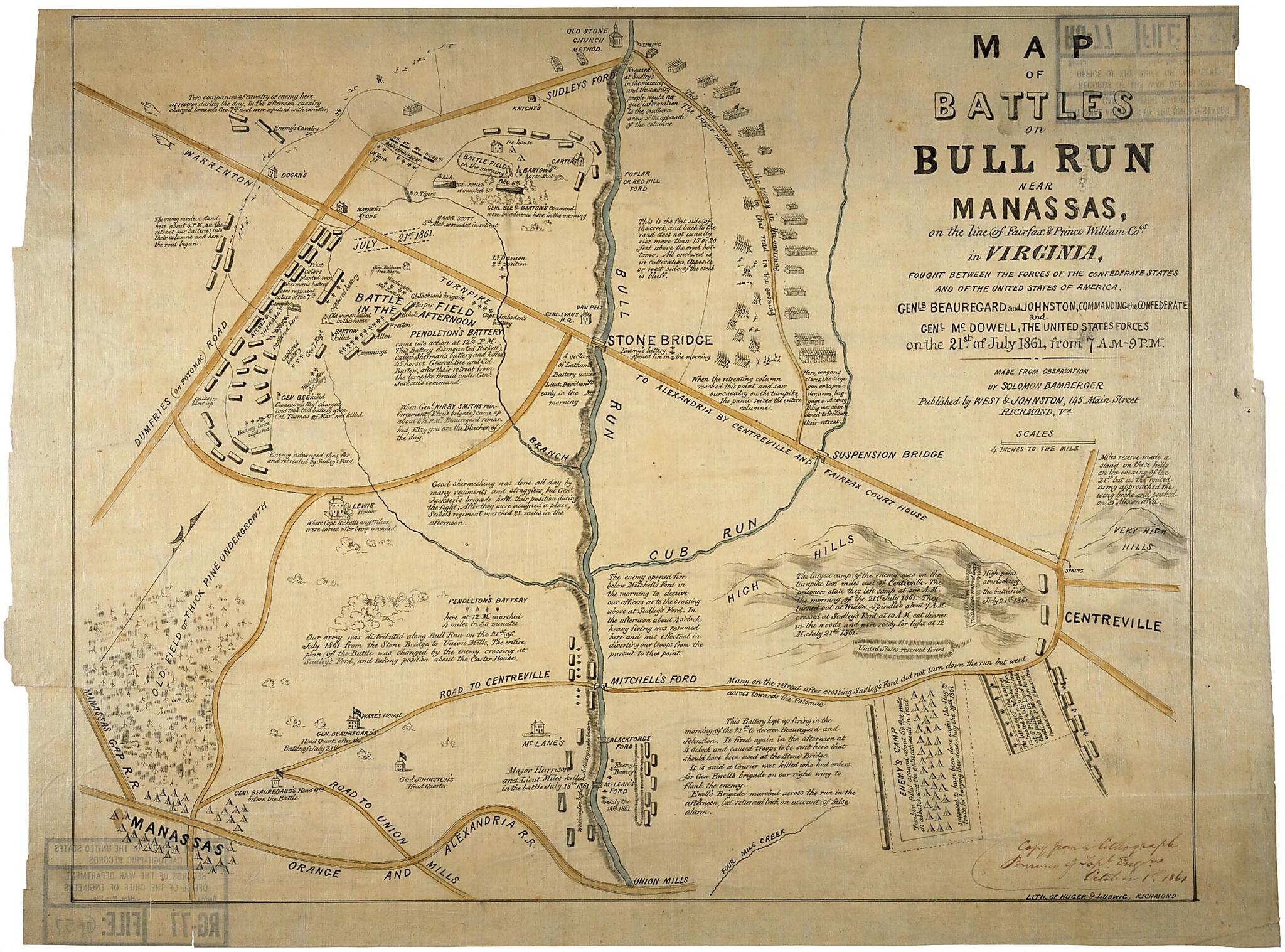 This old map of Map of the Battles of Bull Run Near Manassas from 1861 was created by Solomon Bamberger in 1861