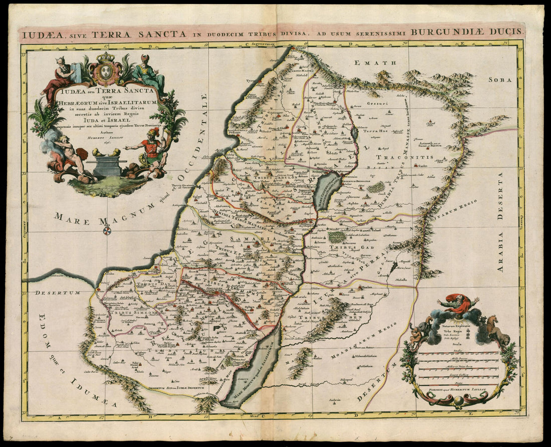 This old map of Judaea, Or the Holy Land, Which Is Divided Into the Twelve Tribes of the Hebrews Or Israelites. (Iudaea Seu Terra Sancta Quae Hebraeorum Sive Israelitarum In Suas Duodecim Tribus Divisa) from 1696 was created by  Hubert, Guillaume Sanson 