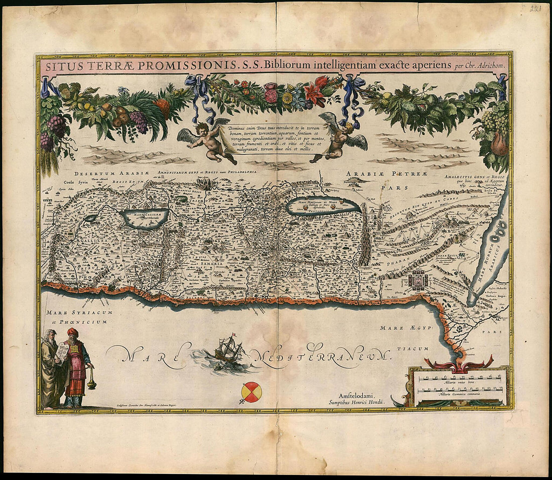 This old map of The Situation of the Promised Land Accurately Reveals a Knowledge of the Holy Bible. (Situs Terrae Promissionis S.S. Bibliorum Intelligentiam Exacte Aperiens) from 1633 was created by Christiaan Van Adrichem, Evert Symonsz Van Hamersvelt,