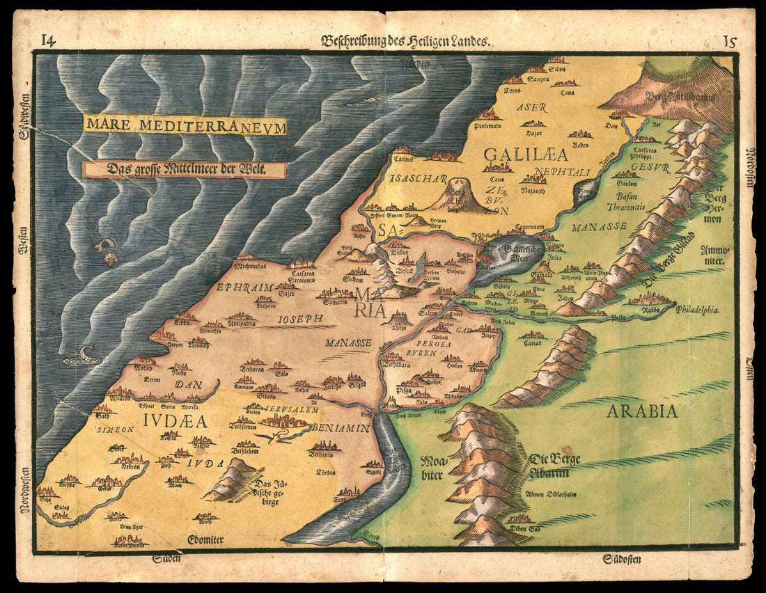 This old map of Description of the Holy Land. (Beschreibung Des Heiligen Landes) from 1585 was created by Heinrich Bünting in 1585