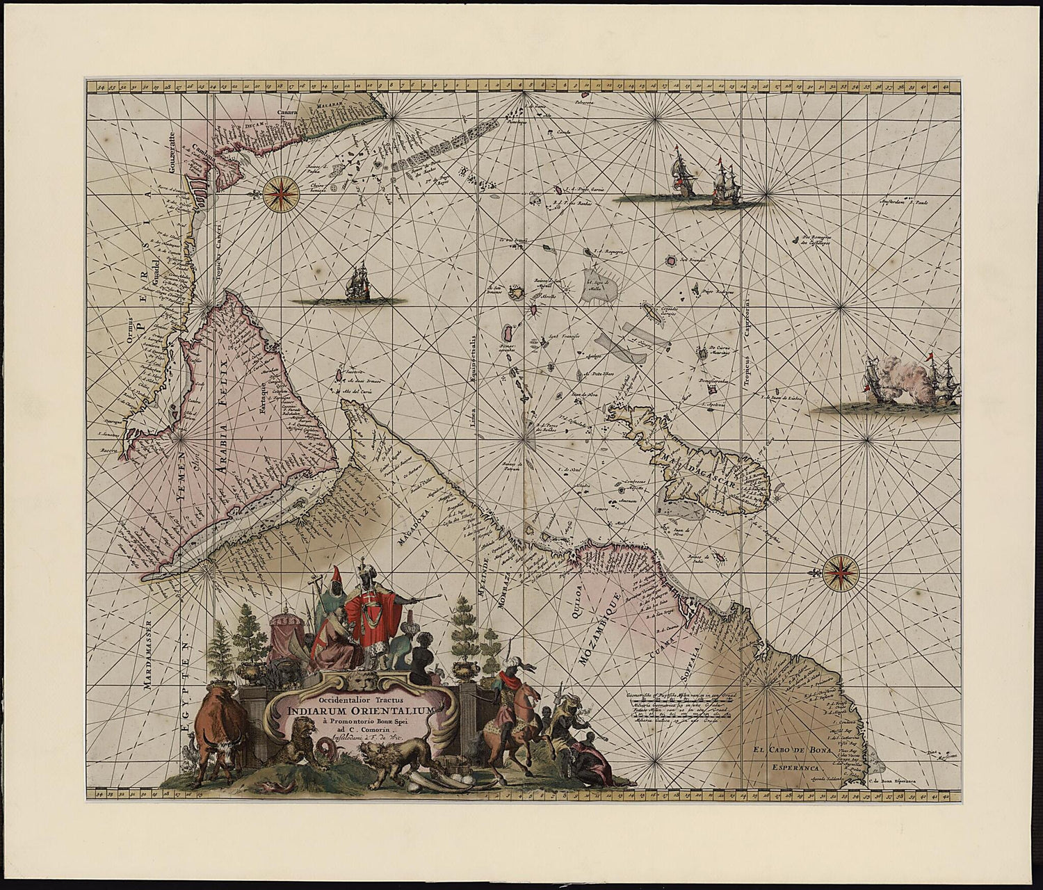 This old map of A Drawing (with a Western Perspective) of the East Indies from the Promontory of Good Hope to Cape Comorin. (Occidentalior Tractus Indiarum Orientalium a Promontorio Bonae Spei Ad C. Comorin) from 1675 was created by Frederik De Wit in 16