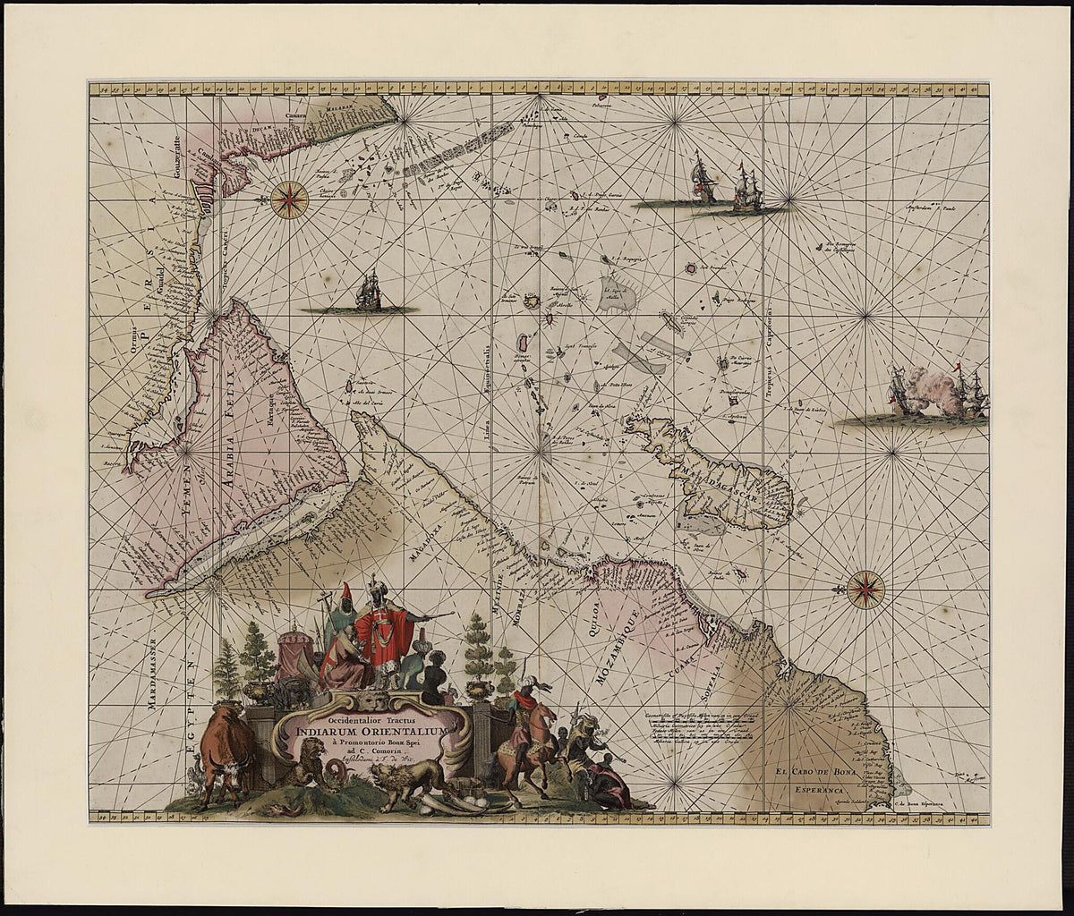 A Drawing (with a Western Perspective) of the East Indies from the Promontory of Good Hope to Cape Comorin. (Occidentalior Tractus Indiarum Orientalium a Promontorio Bonae Spei Ad C. Comorin) 1675 by Relic Map Company