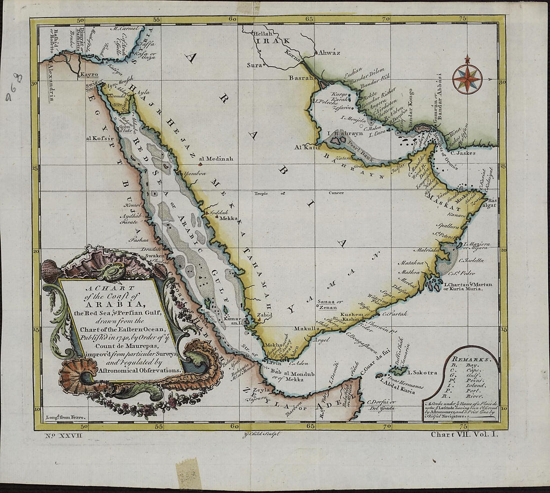 This old map of A Chart of the Coast of Arabia, the Red Sea and Persian Gulf, Drawn from the Chart of the Eastern Ocean from 1740 was created by G. Child in 1740