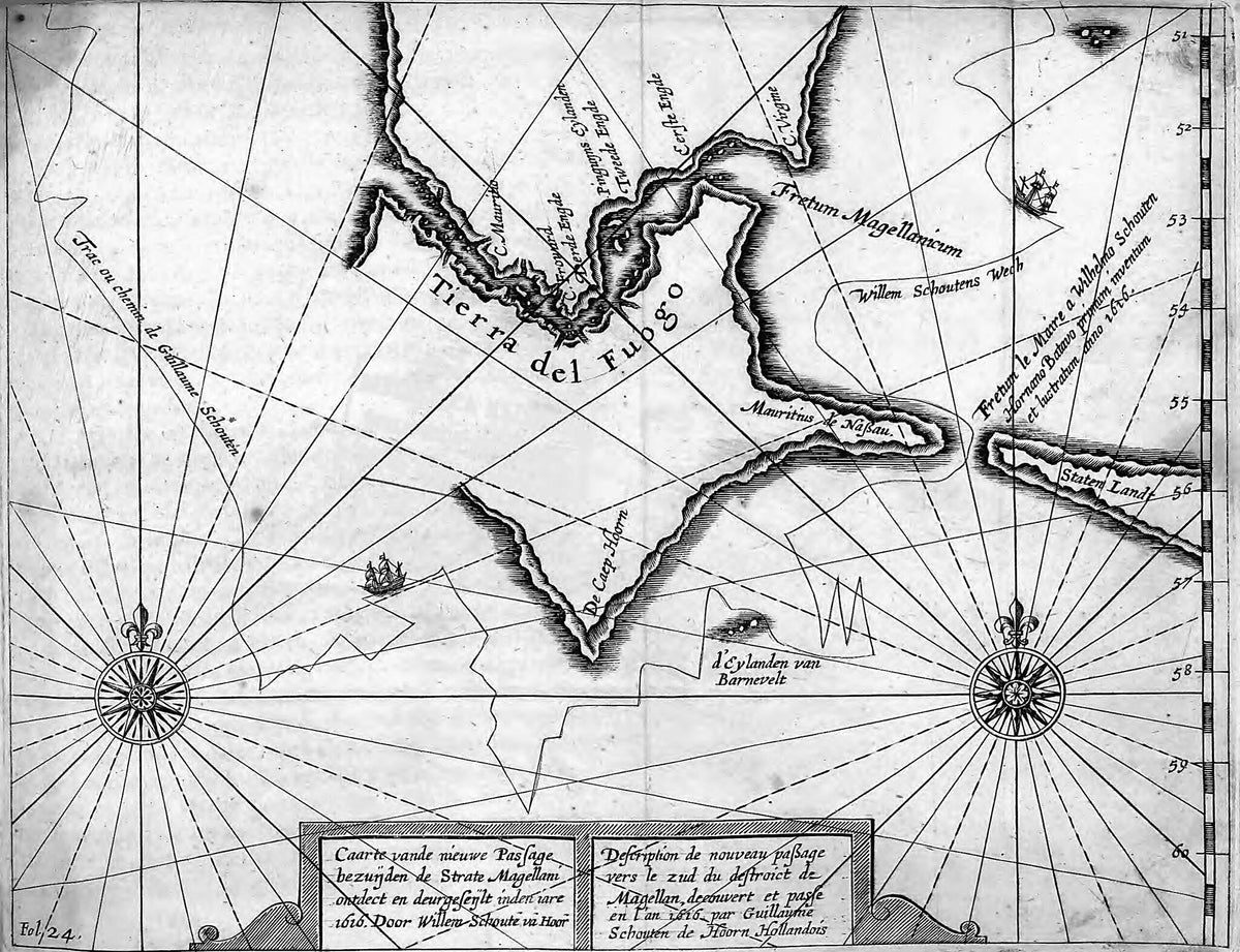 Description of the New Route to the South of the Strait of Magellan Discovered and Set In the Year 1616 by Dutchman Willem Schouten De Hoorn. (Coarte Vanda Niewe Passage Bezunden De Strate Magellani Ontdet En Deurgesenlt Inden Iare 1616 Door Willem Sc... by Relic Map Company
